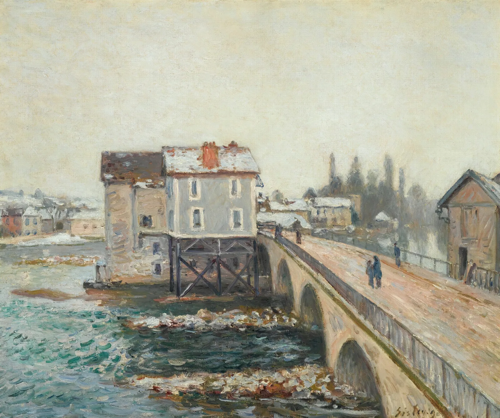 Le Pont De Moret Et Les Moulins Effet Dhiver Wall Art by Alfred Sisley - Canvas Print
