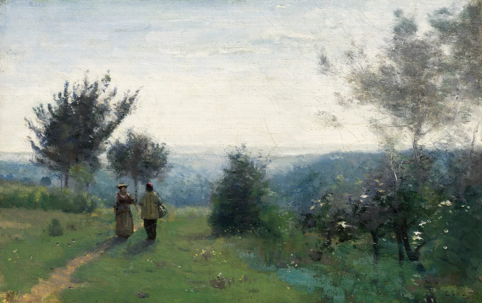 La Rencontre Matinale Sur Les Hauteurs De Sevres Wall Art by Jean-Baptiste-Camille Corot - Canvas Print