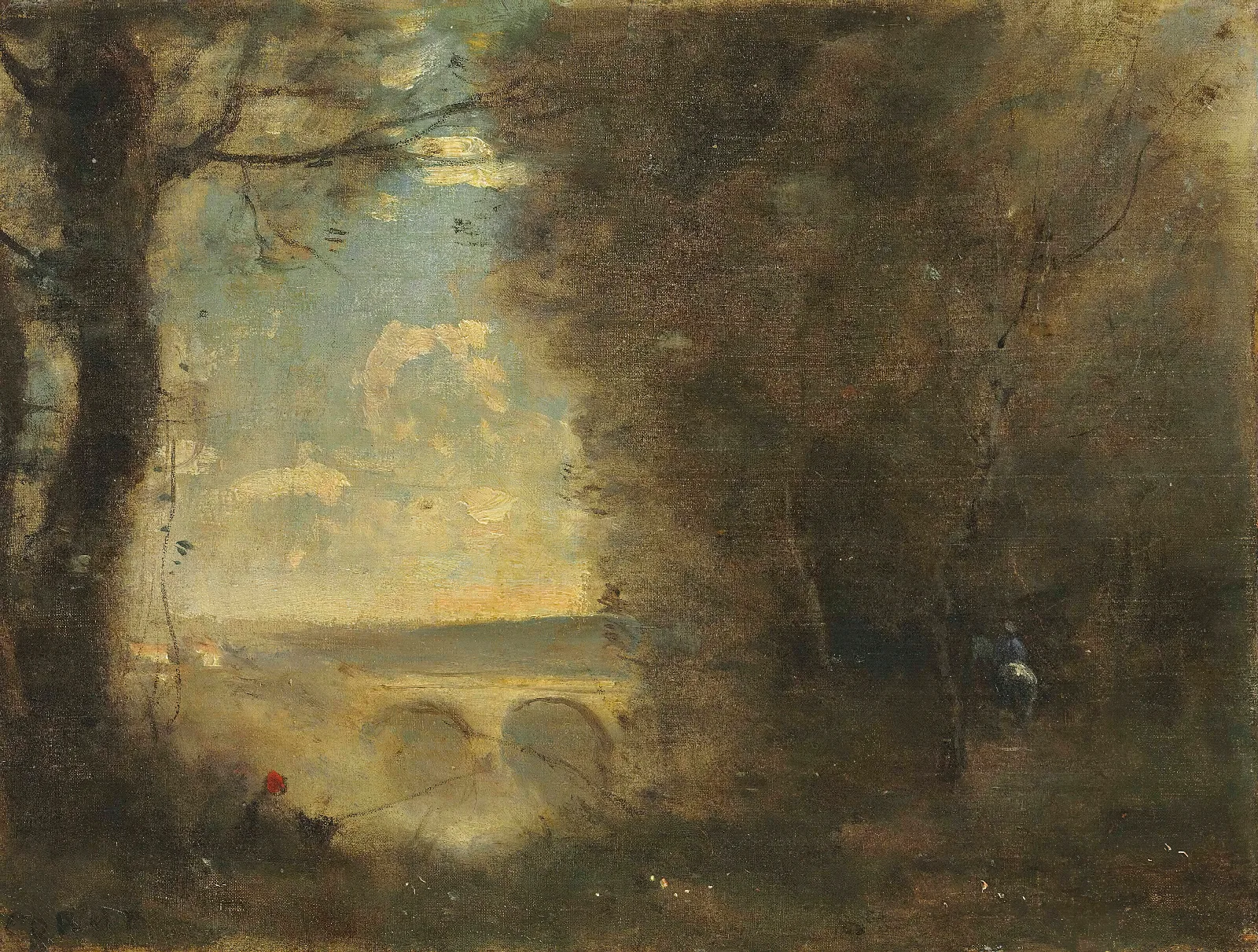 Un Pecheur A La Ligne Souvenir Du Pont De Mantes Wall Art by Jean-Baptiste-Camille Corot - Canvas Print