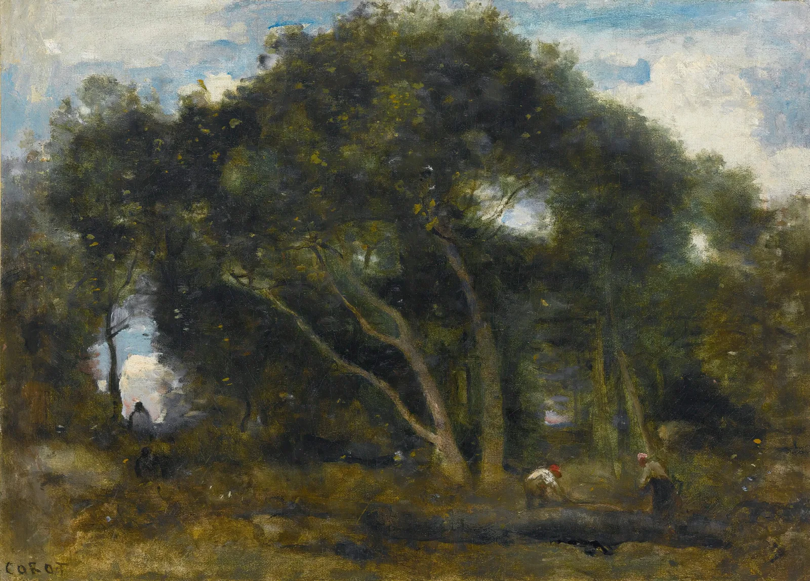 Fontainebleau Chenes Inclines Dans Une Eclaircie De Foret Wall Art by Jean-Baptiste-Camille Corot - Canvas Print
