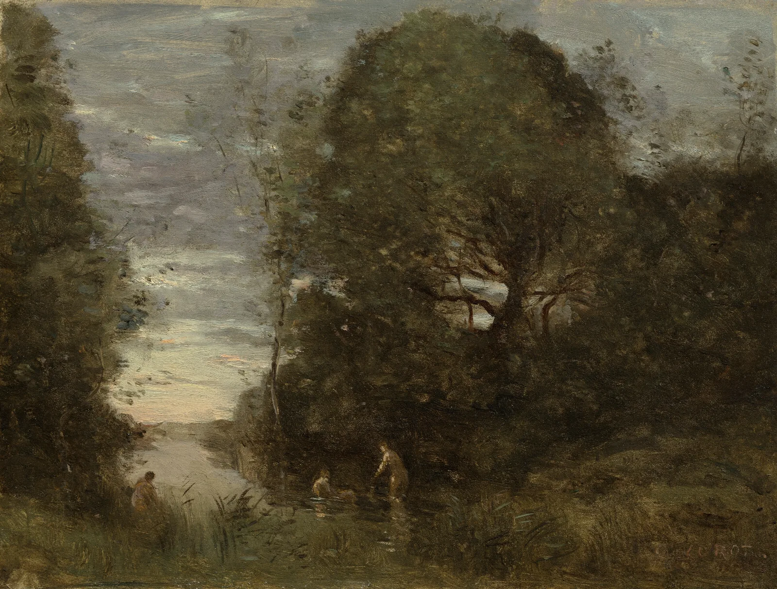 Baigneuses Dans Une Crique Boisee Wall Art by Jean-Baptiste-Camille Corot - Canvas Print
