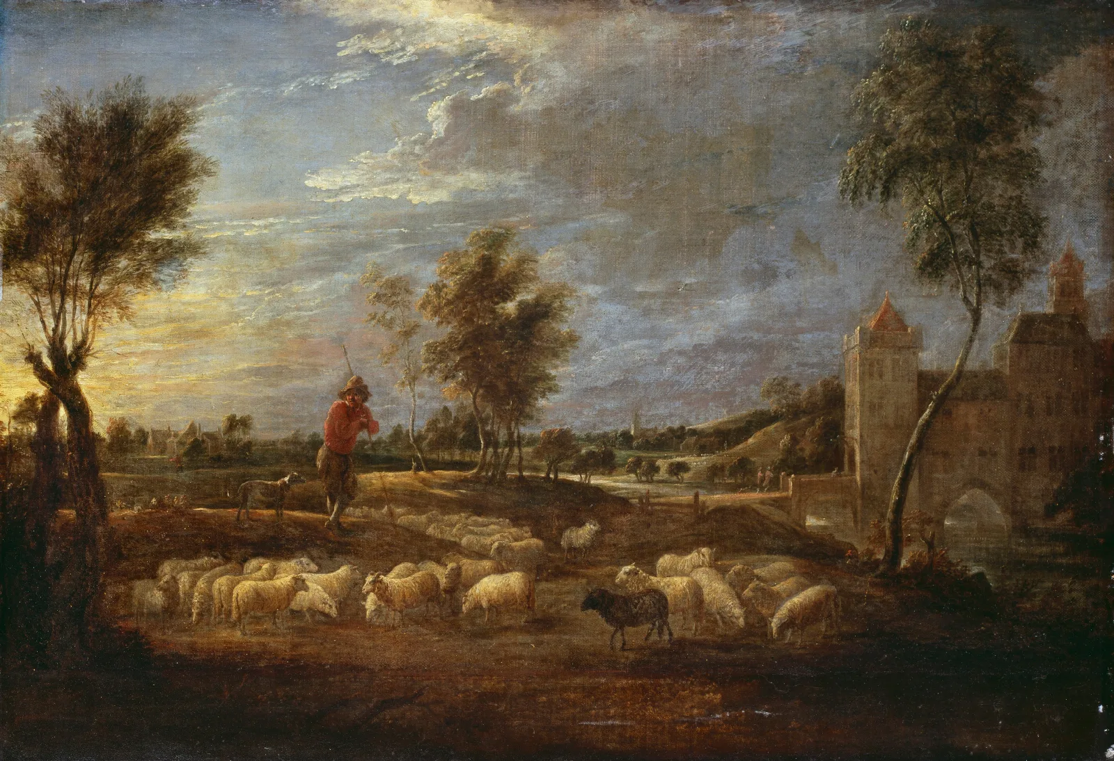 Sunset Landscape With A Shepherd And His Flock 2 Wall Art by David Teniers The Younger - Canvas Print