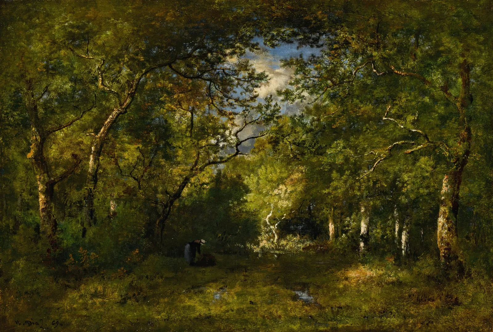 Allee En Foret Bucheronne Courbee Sous Le Poids De Son Fagot Traces Deau Wall Art by Narcisse-Virgile Diaz de La Peña - Canvas Print