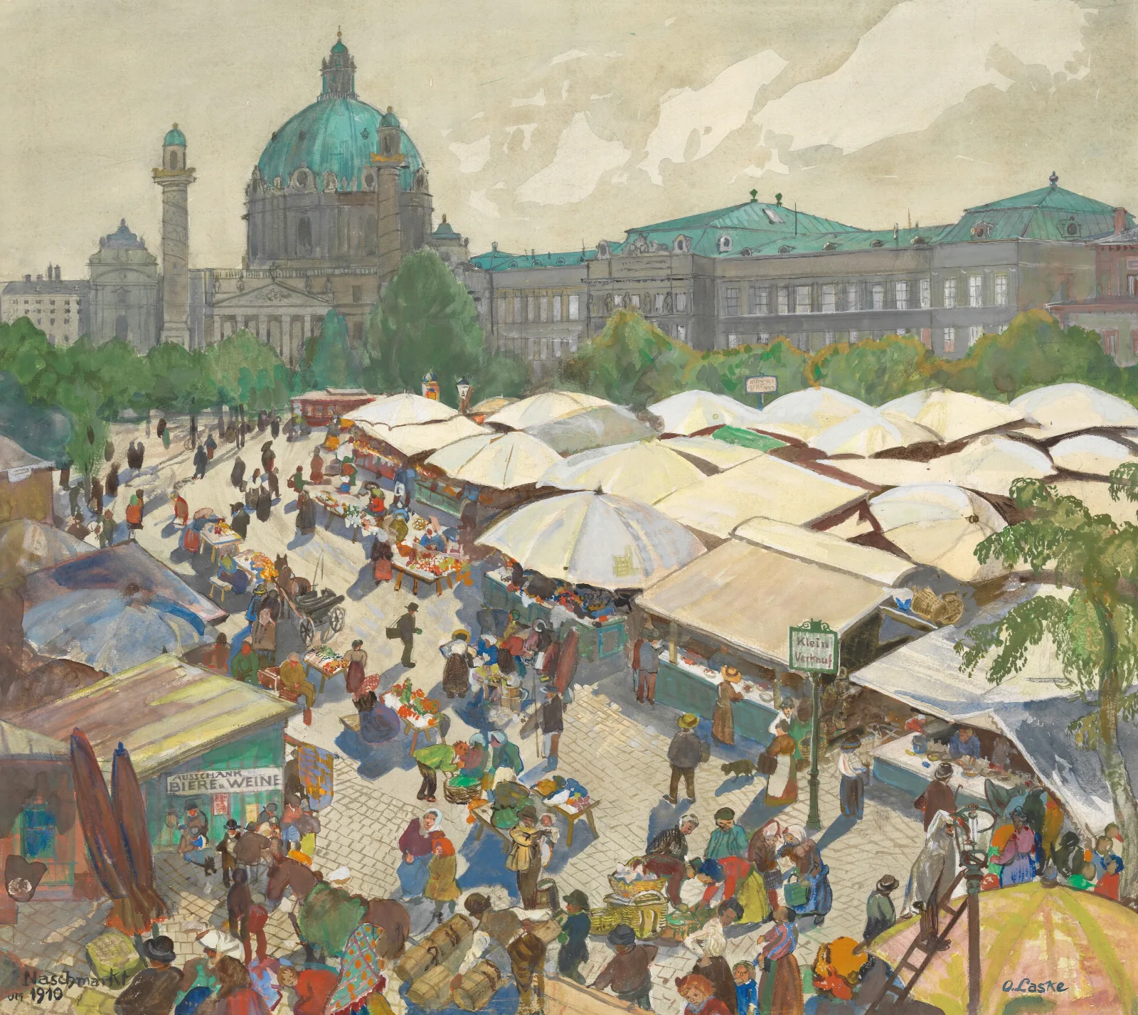 Der Alte Naschmarkt Mit Der Karlskirche Um 1910 Wall Art by Oskar Laske - Canvas Print