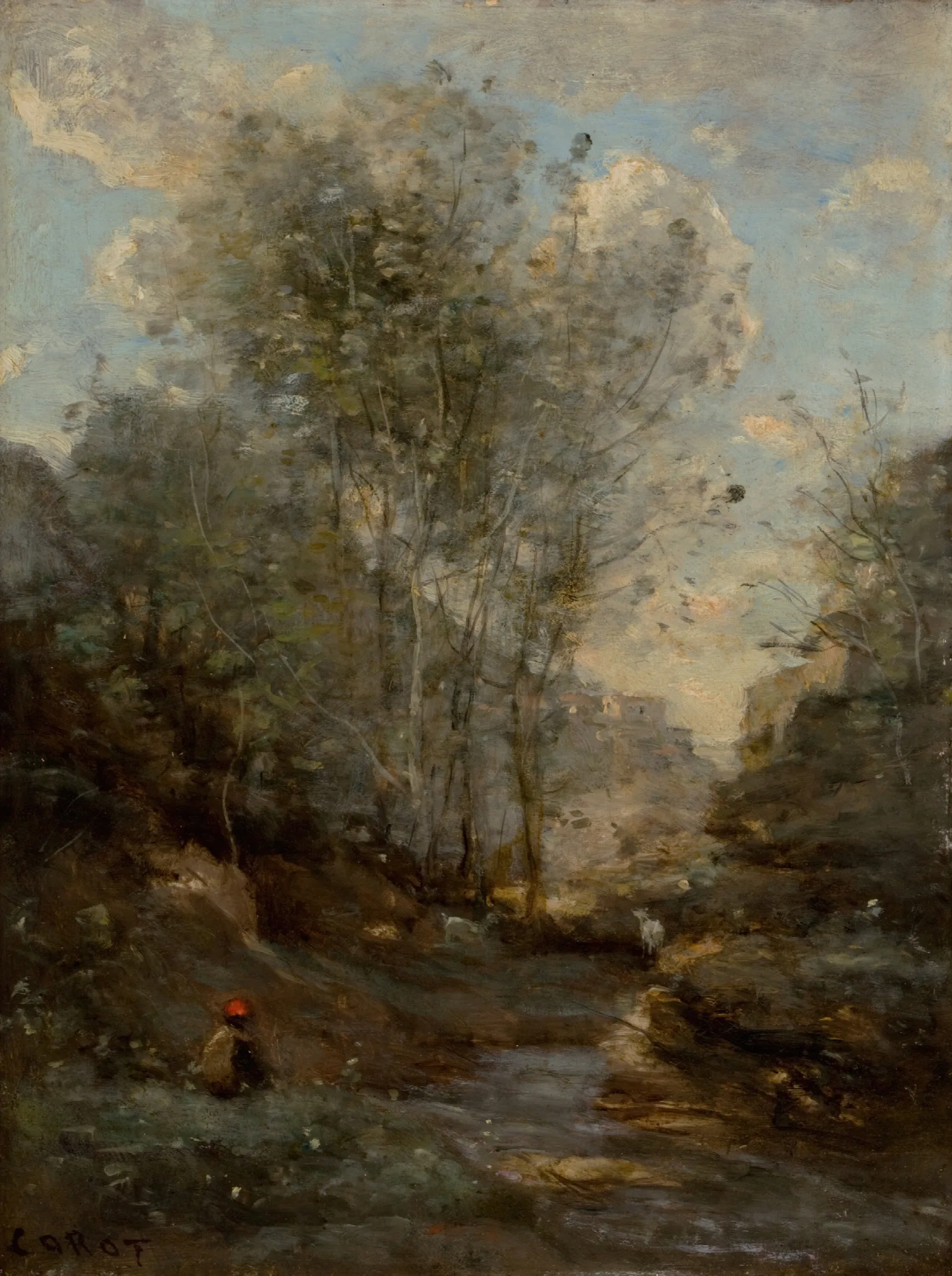 Le Vallon Des Chevres Souvenir Du Lac De Garde Wall Art by Jean-Baptiste-Camille Corot - Canvas Print