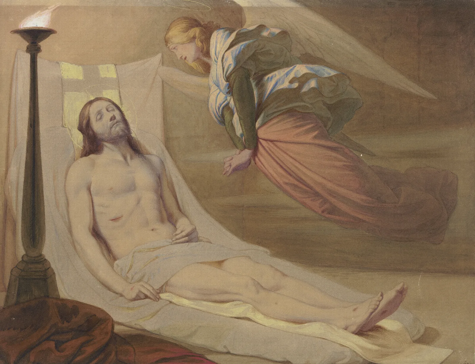 Christ In The Grave A Mourning Angel Hovering Over Him Wall Art by Eduard von Steinle - Canvas Print