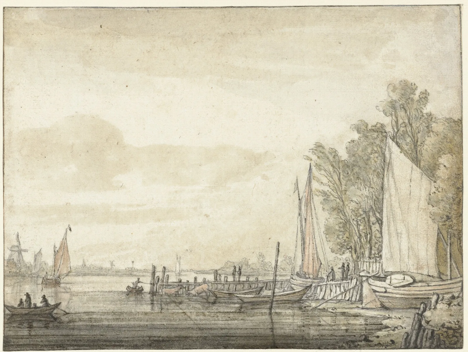 Boten Bij Een Steiger In Een Rivier Wall Art by Aelbert Cuyp - Canvas Print