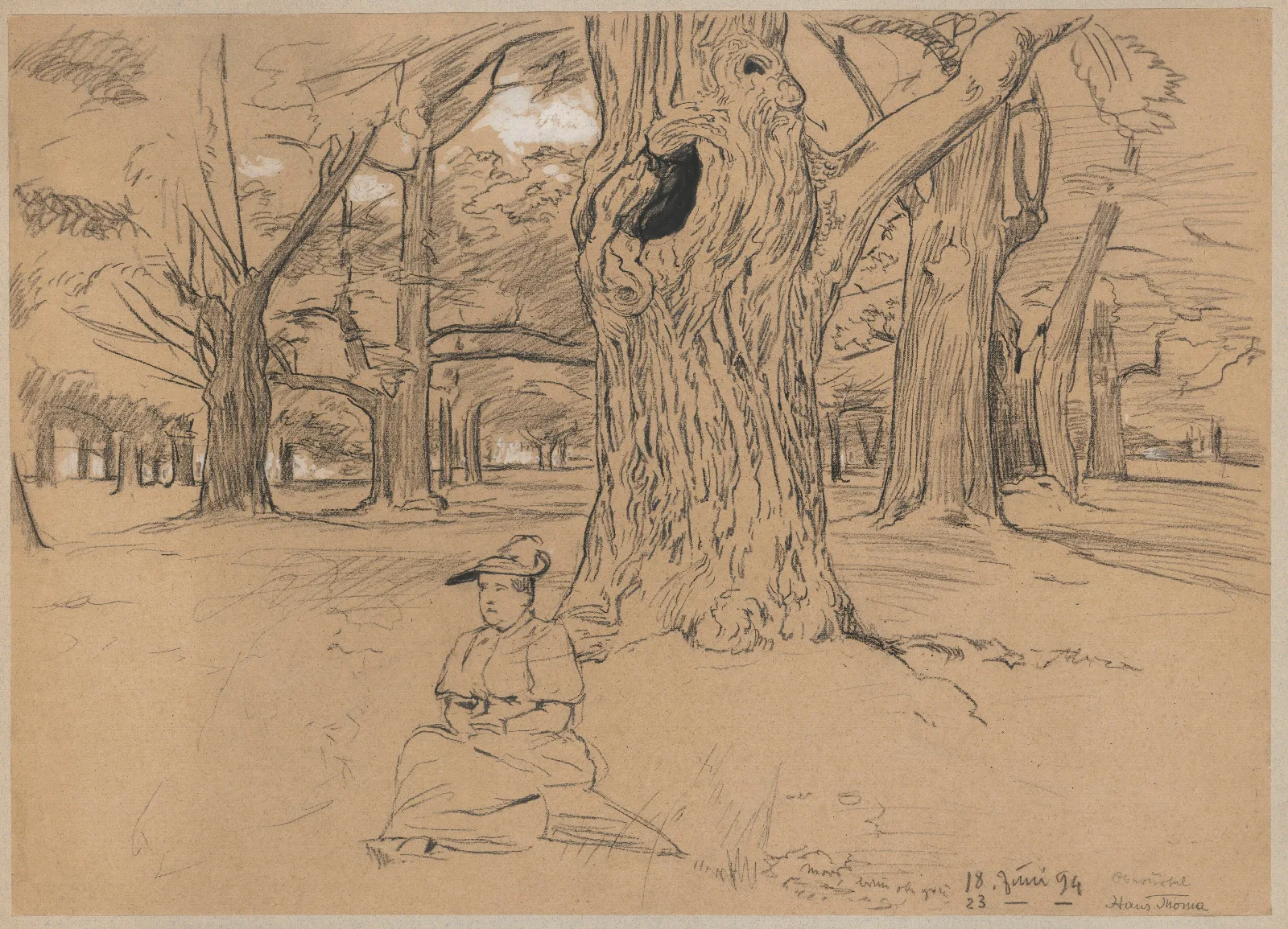 View Of A Park In Oberursel With A Woman In A Hat Sitting Under A Tree Wall Art by Hans Thoma - Canvas Print