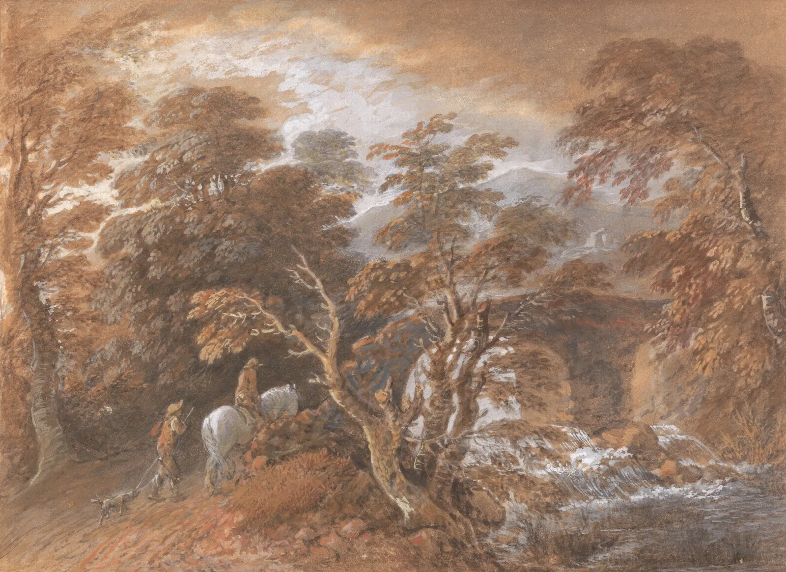 Hilly Landscape With Figures Approaching A Bridge Wall Art by Thomas Gainsborough - Canvas Print