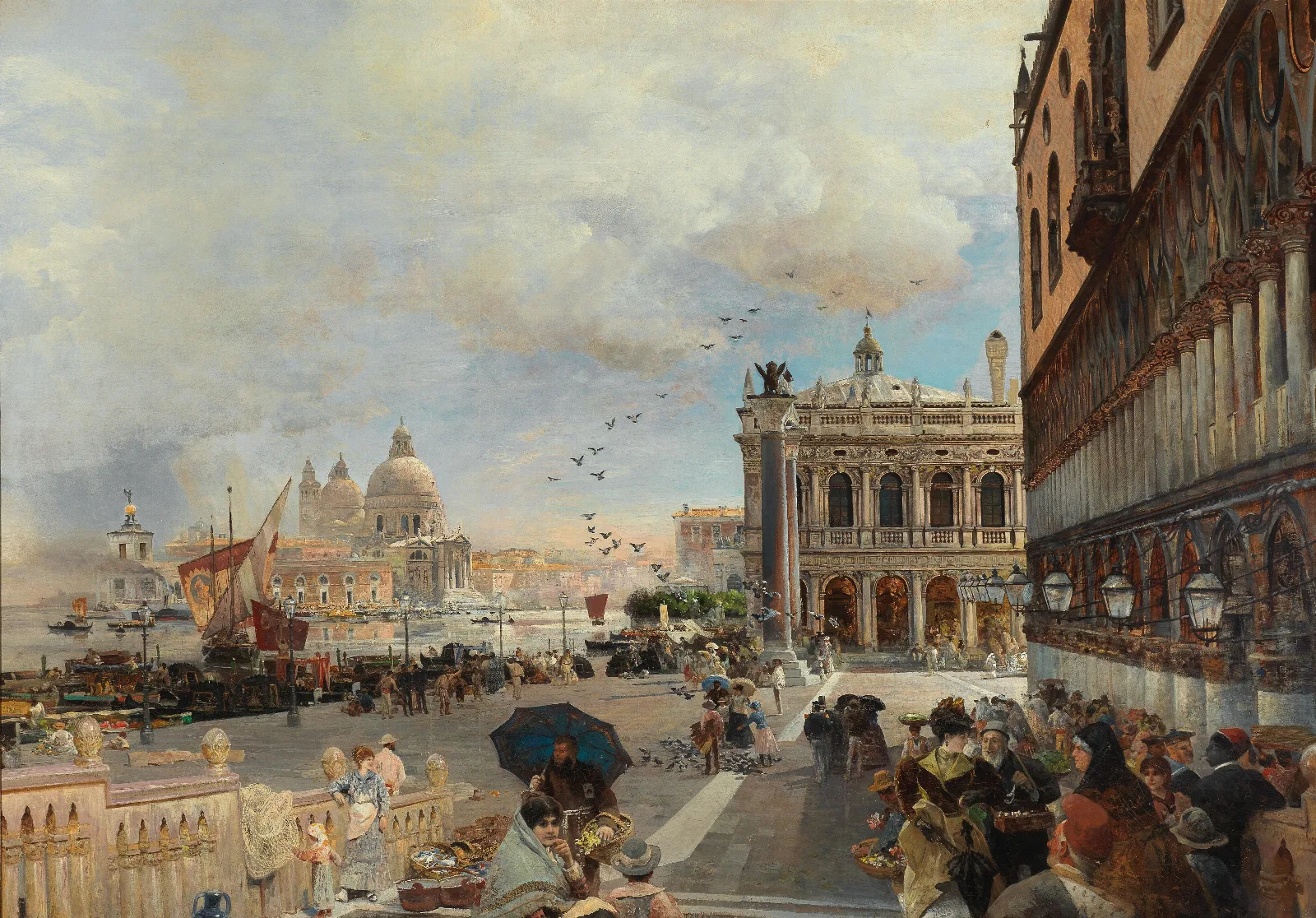 Venice A View Of The Piazzetta With The Biblioteca Marciana Santa Maria Della Salute And The Dogana Wall Art by Oswald Achenbach - Canvas Print