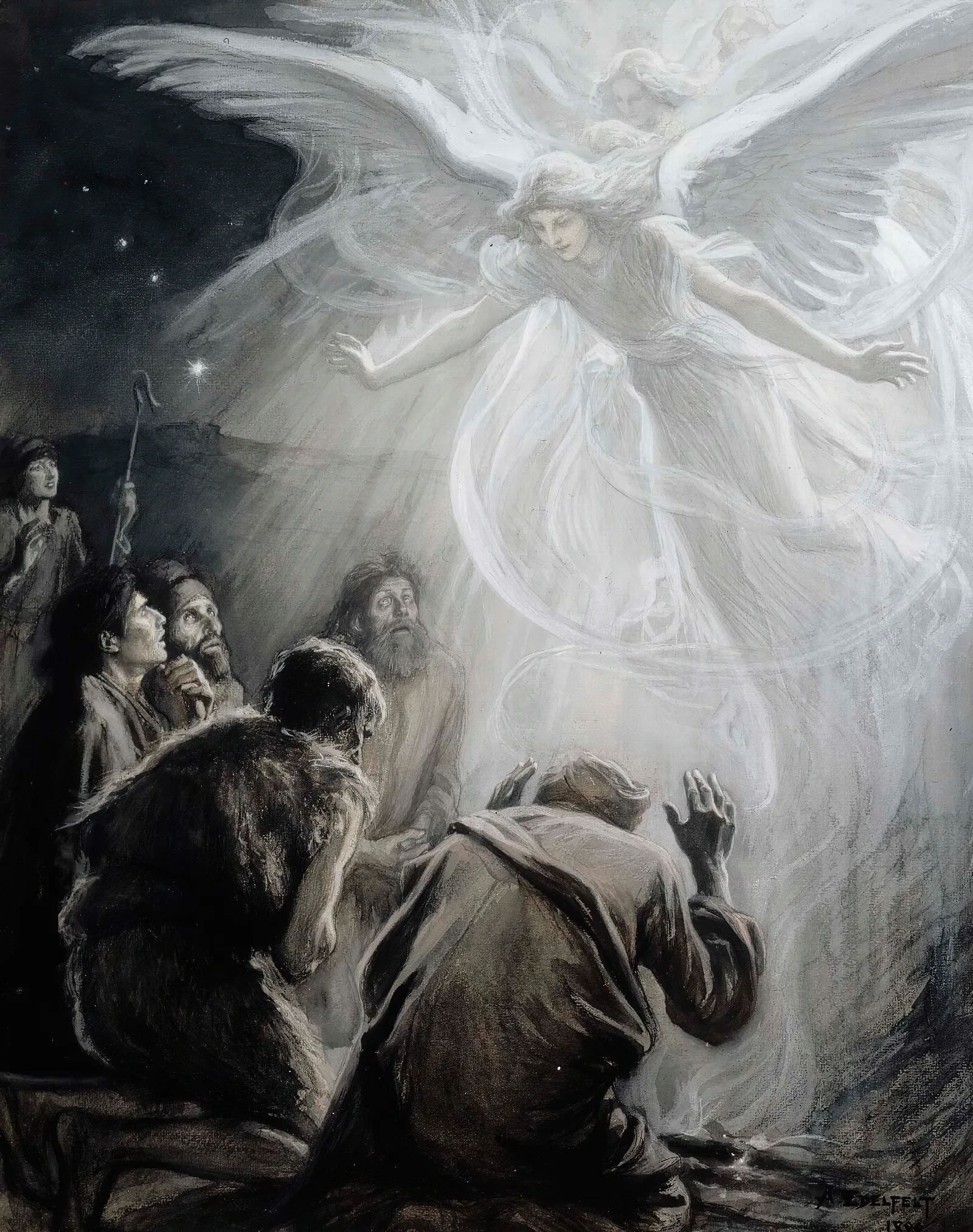 Revelation Of Angels To Shepherds 2 Wall Art by Albert Edelfelt - Canvas Print