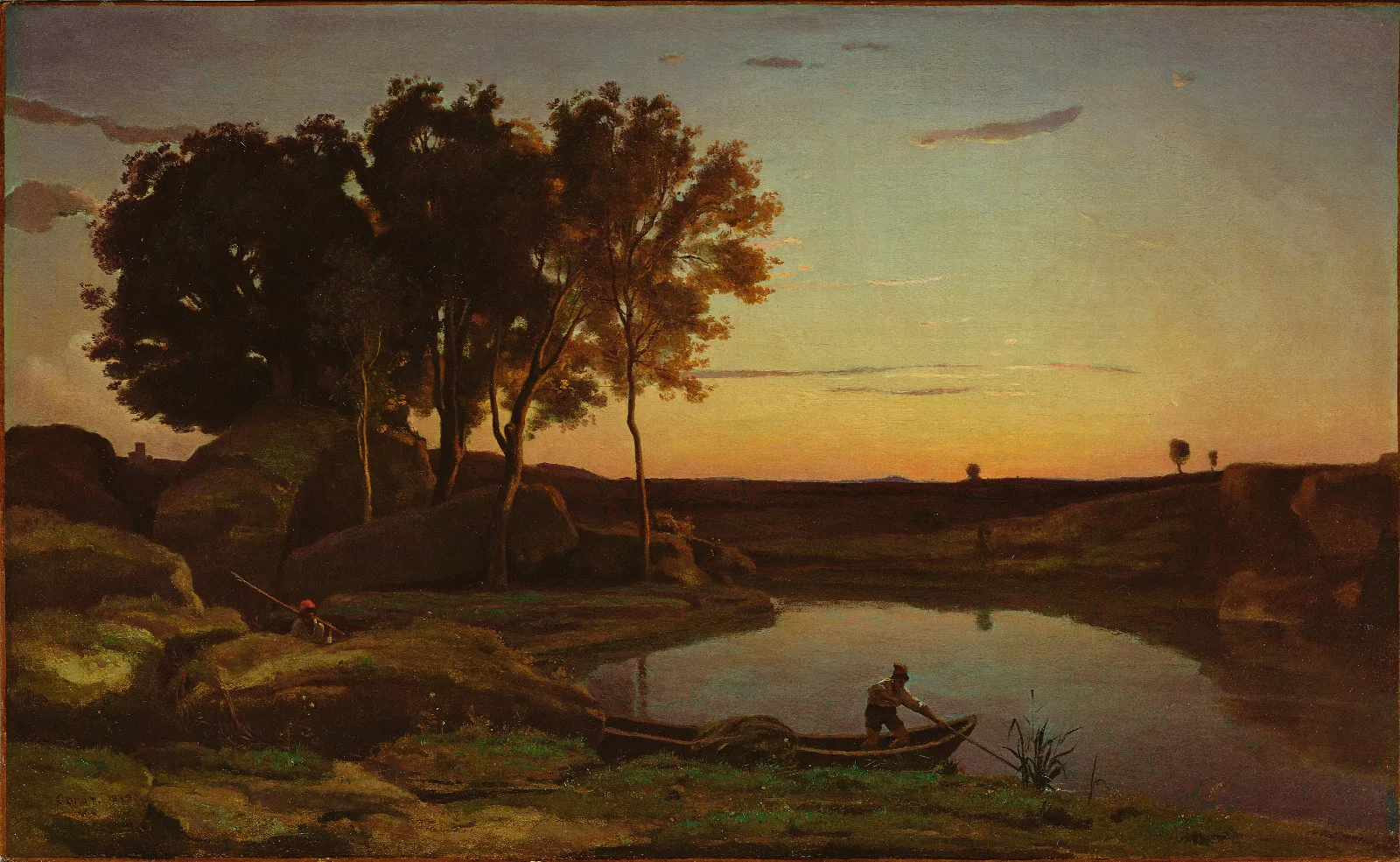 Landscape With Lake And Boatman Wall Art by Jean-Baptiste-Camille Corot - Canvas Print
