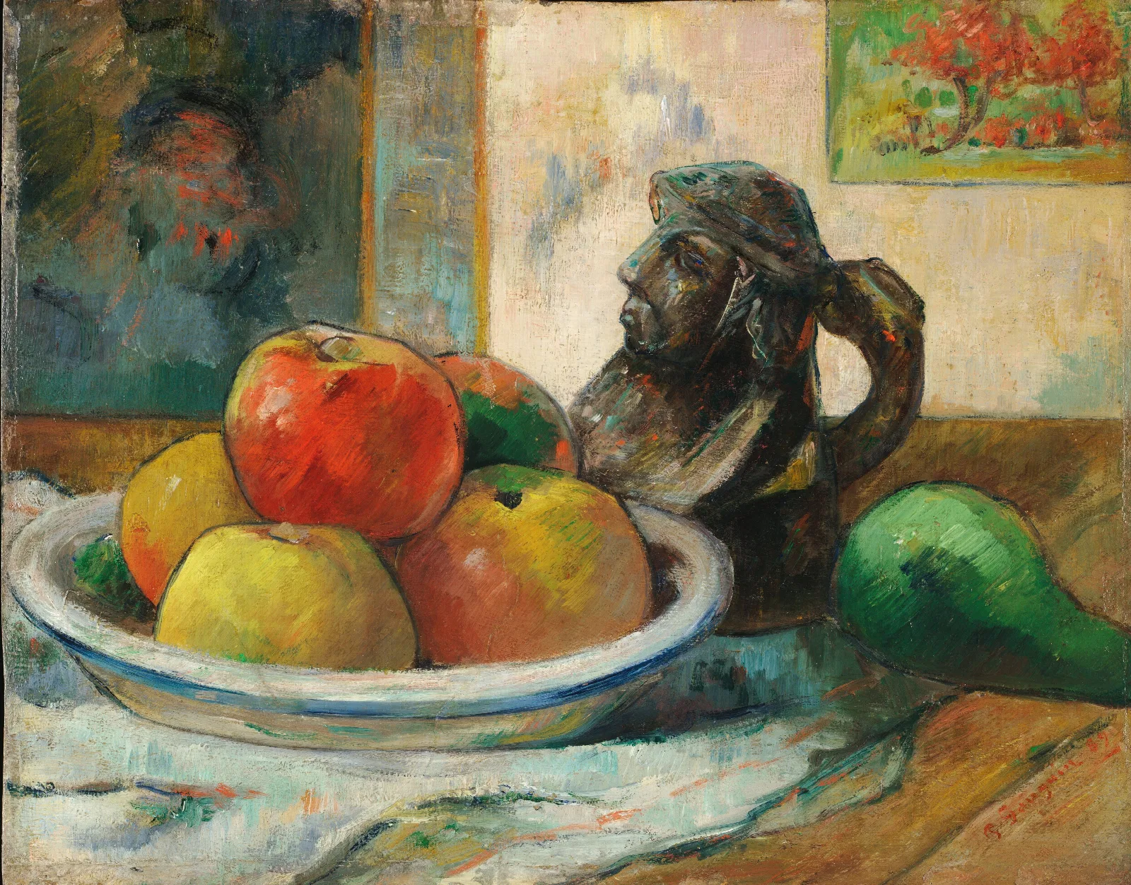 Still Life With Apples A Pear And A Ceramic Portrait Jug Wall Art by Paul Gauguin - Canvas Print