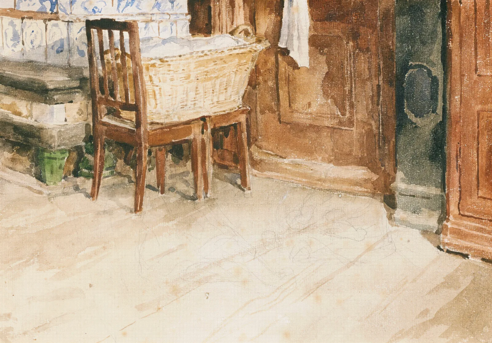 Living Room Corner With Laundry Basket Wall Art by Albert Anker - Canvas Print