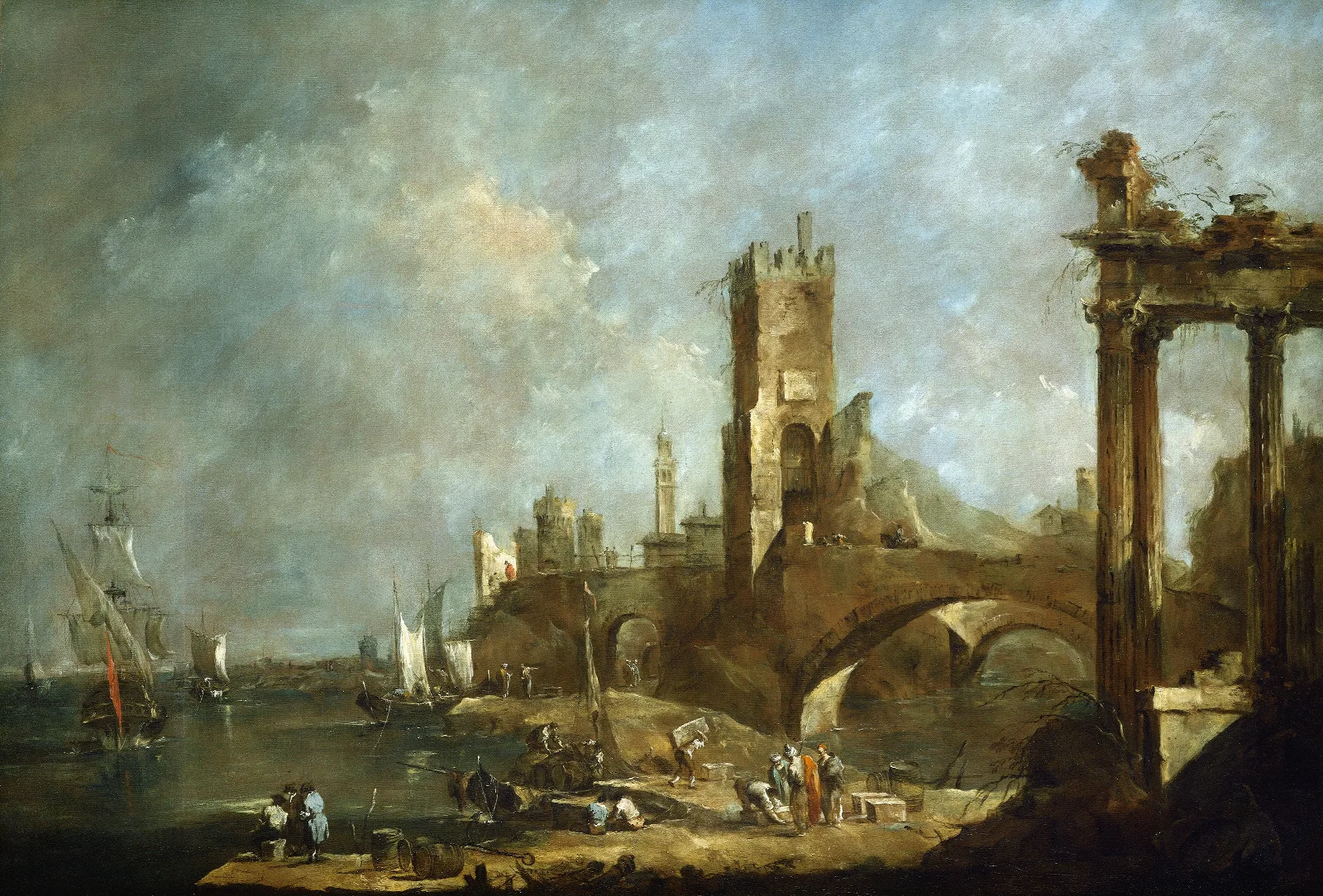 Capriccio Of A Harbor Wall Art by Francesco Guardi - Canvas Print