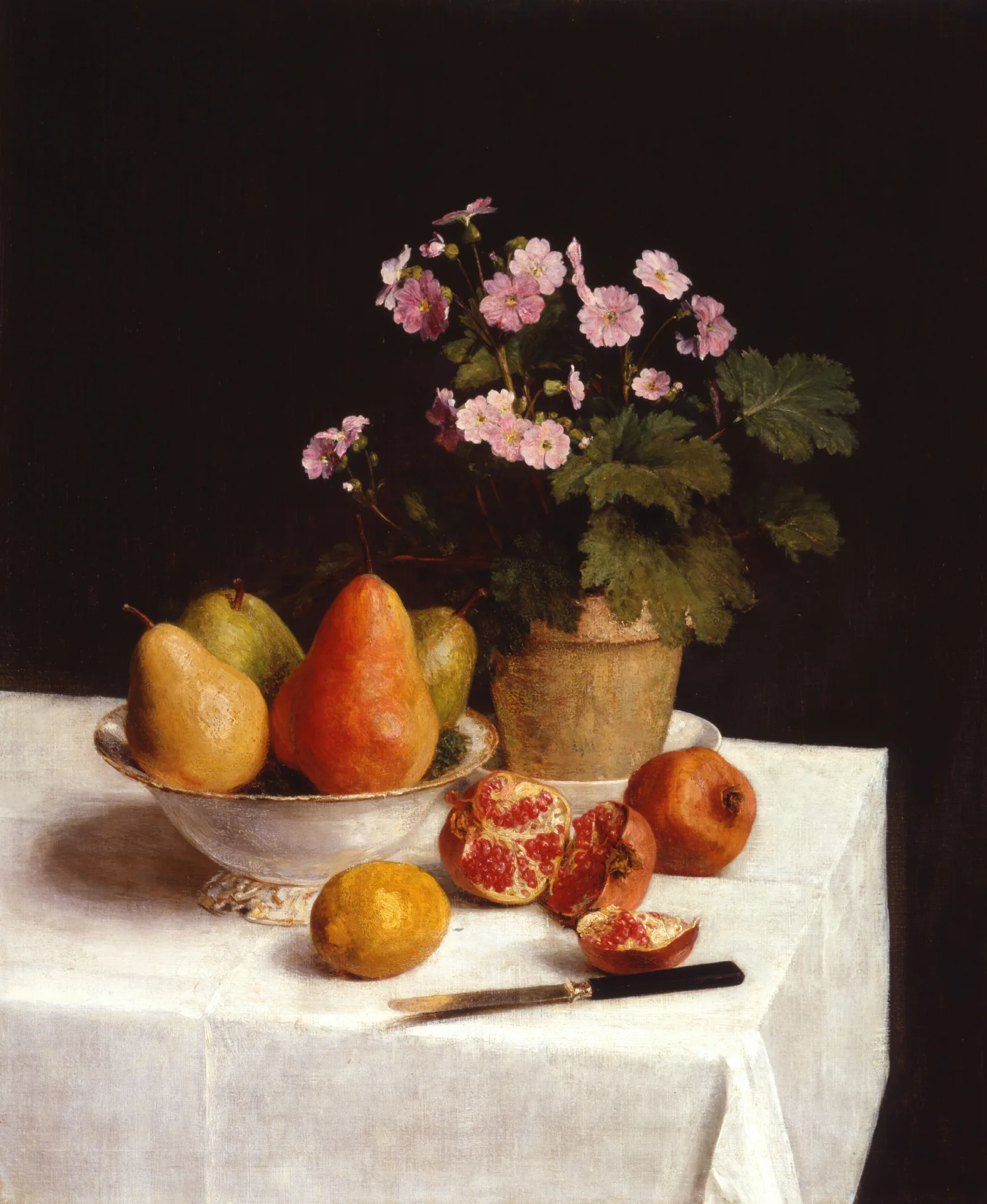 Still Life Primroses Pears And Promenates Wall Art by Henri Fantin-Latour - Canvas Print