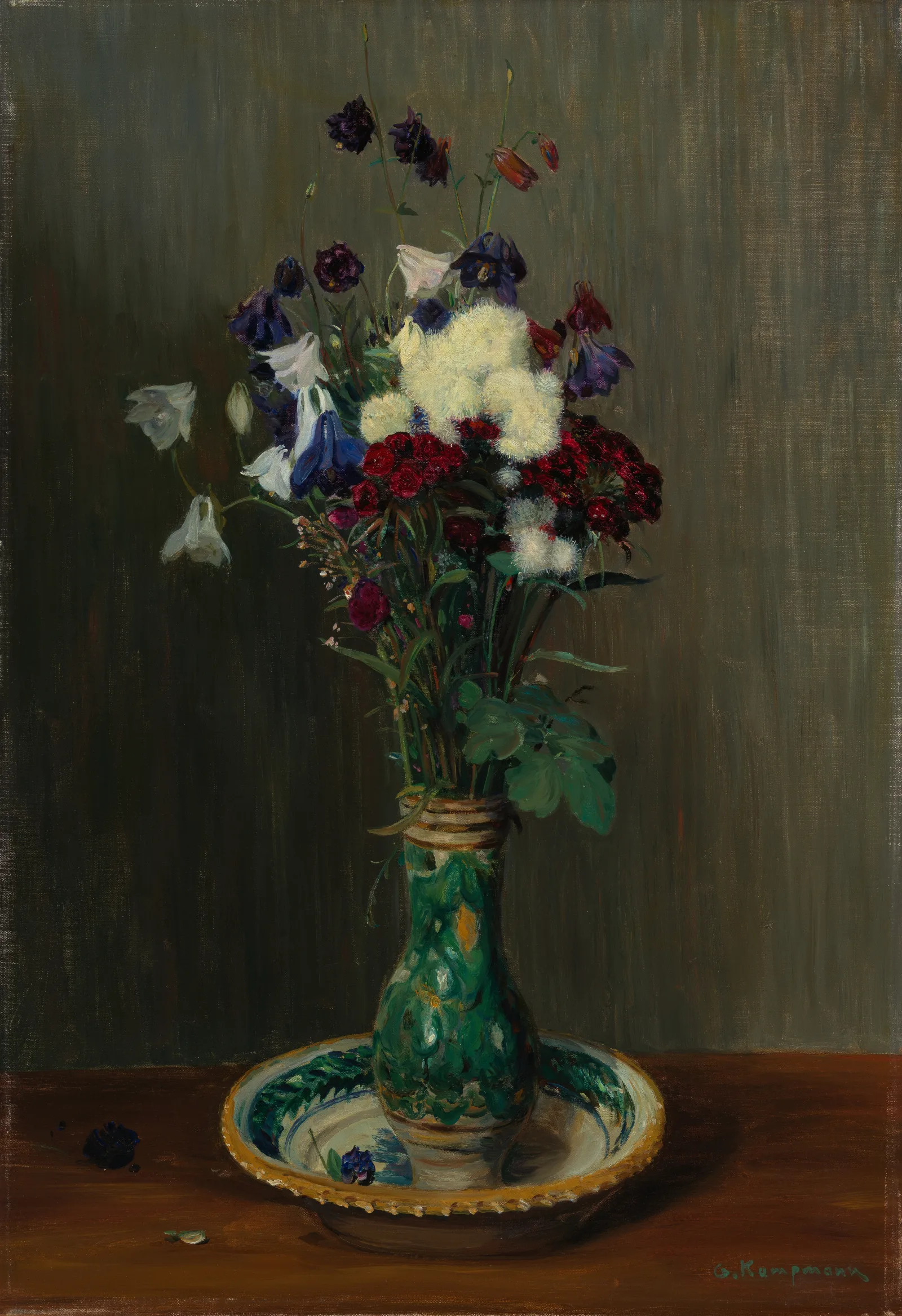 Akeleien Und Nelken In Gruner Vase Wall Art by Gustav Kampmann - Canvas Print