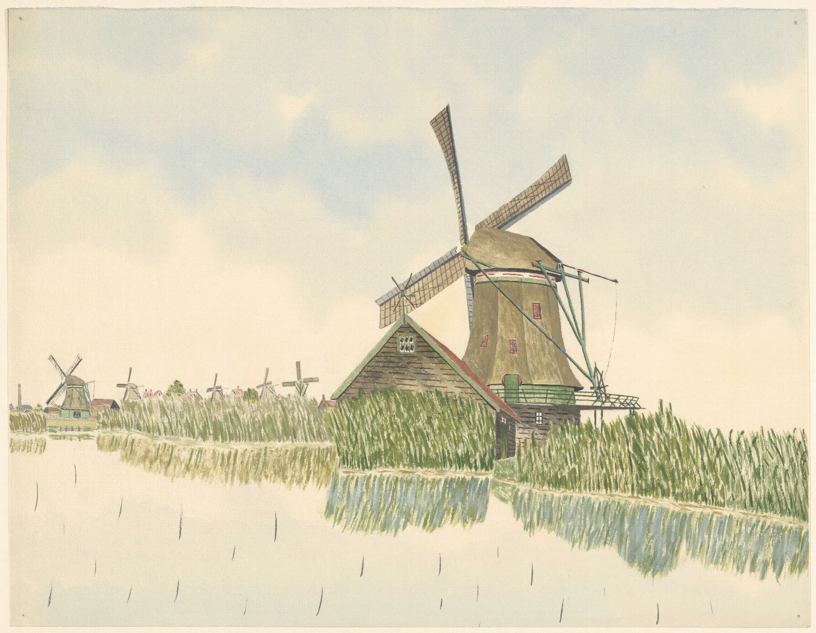 Molens Oliemolen Het Zwarte Kalf Aan De Kalverpoel Met L Op De Achtergrond Vijf Andere Molens Wall Art by Johannes Nicolaas Eijman - Canvas Print