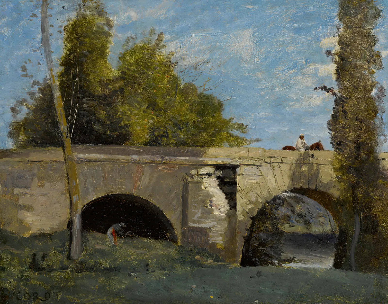 Mantes Deux Arches Du Pont Avec Un Cavalier Wall Art by Jean-Baptiste-Camille Corot - Canvas Print