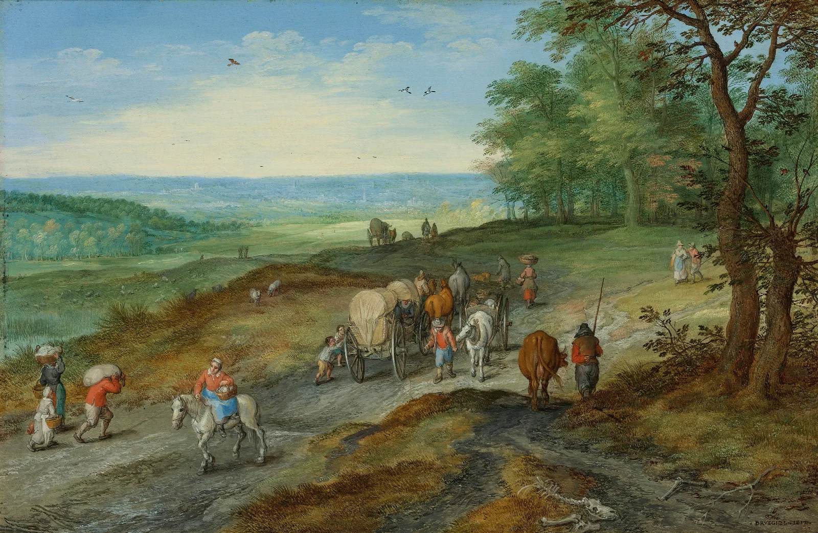 A Panoramic Landscape With A Covered Wagon And Travelers On A Highway Wall Art by Jan Brueghel The Elder - Canvas Print