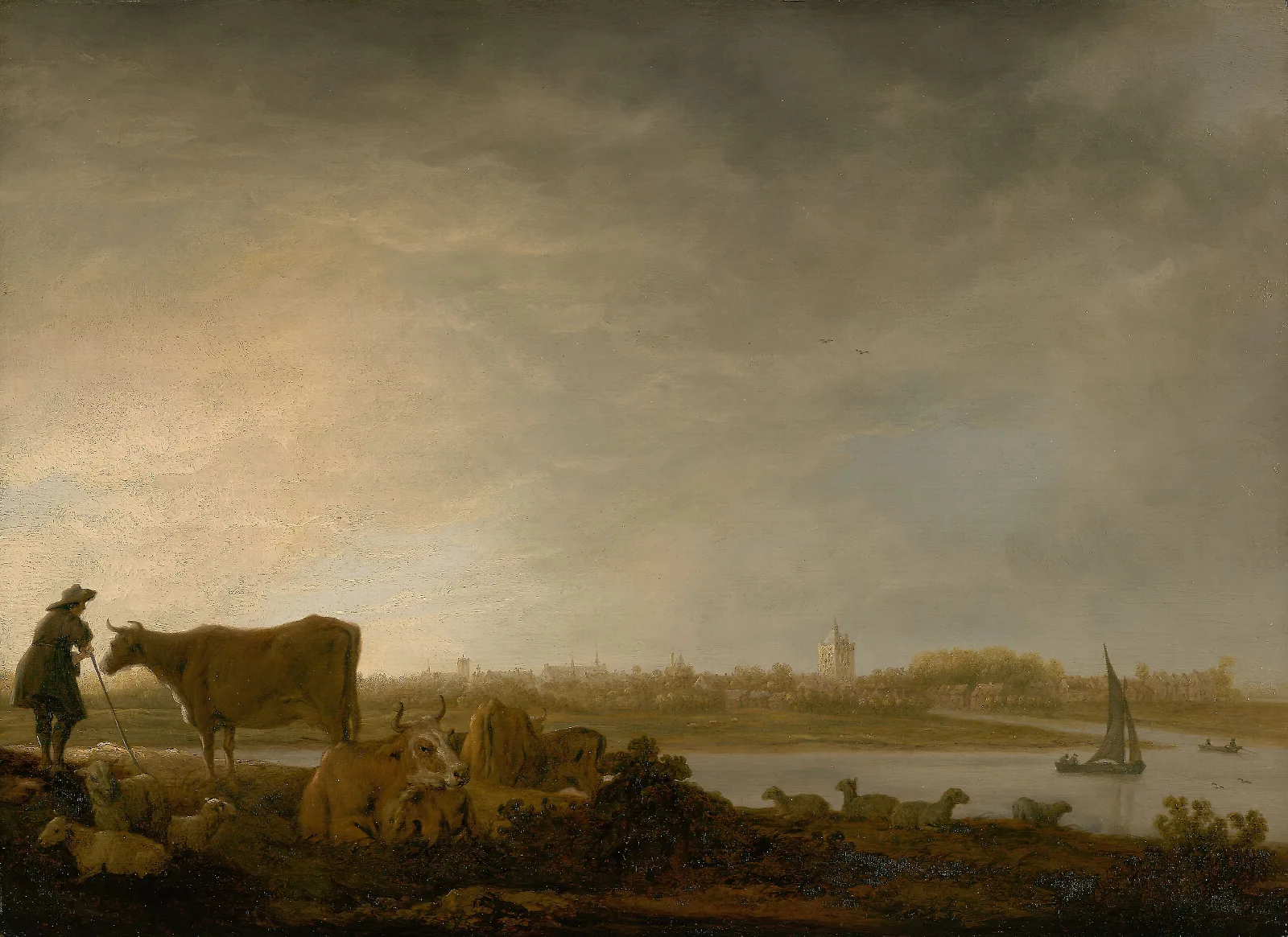 A View Of Vianen With A Herdsman And Cattle By A River Wall Art by Aelbert Cuyp - Canvas Print