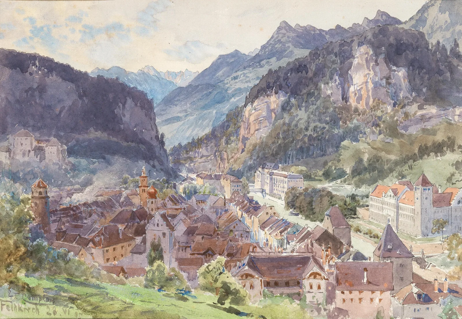 A View Of The Town Feldkirch In Vorarlberg Wall Art by Edward Theodore Compton - Canvas Print