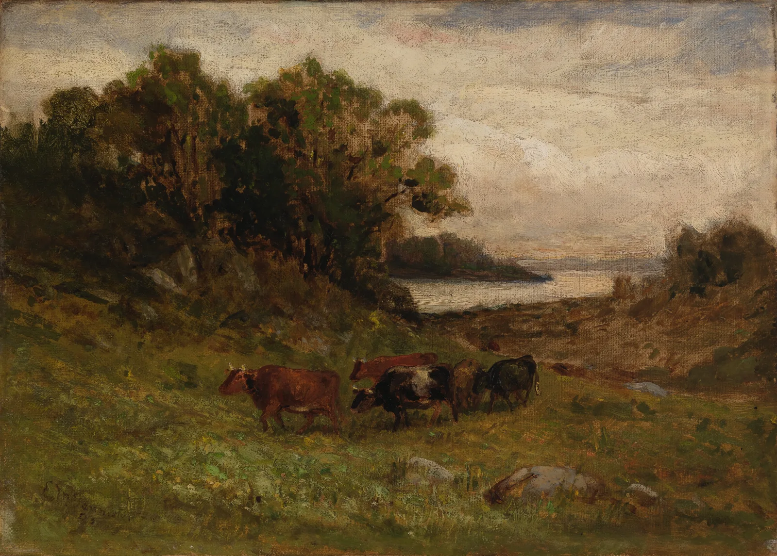 Landscape Five Cows Grazing With Trees And River In Background by Edward Mitchell Bannister (1891) Wall Art by Edward Mitchell Bannister - Canvas Print