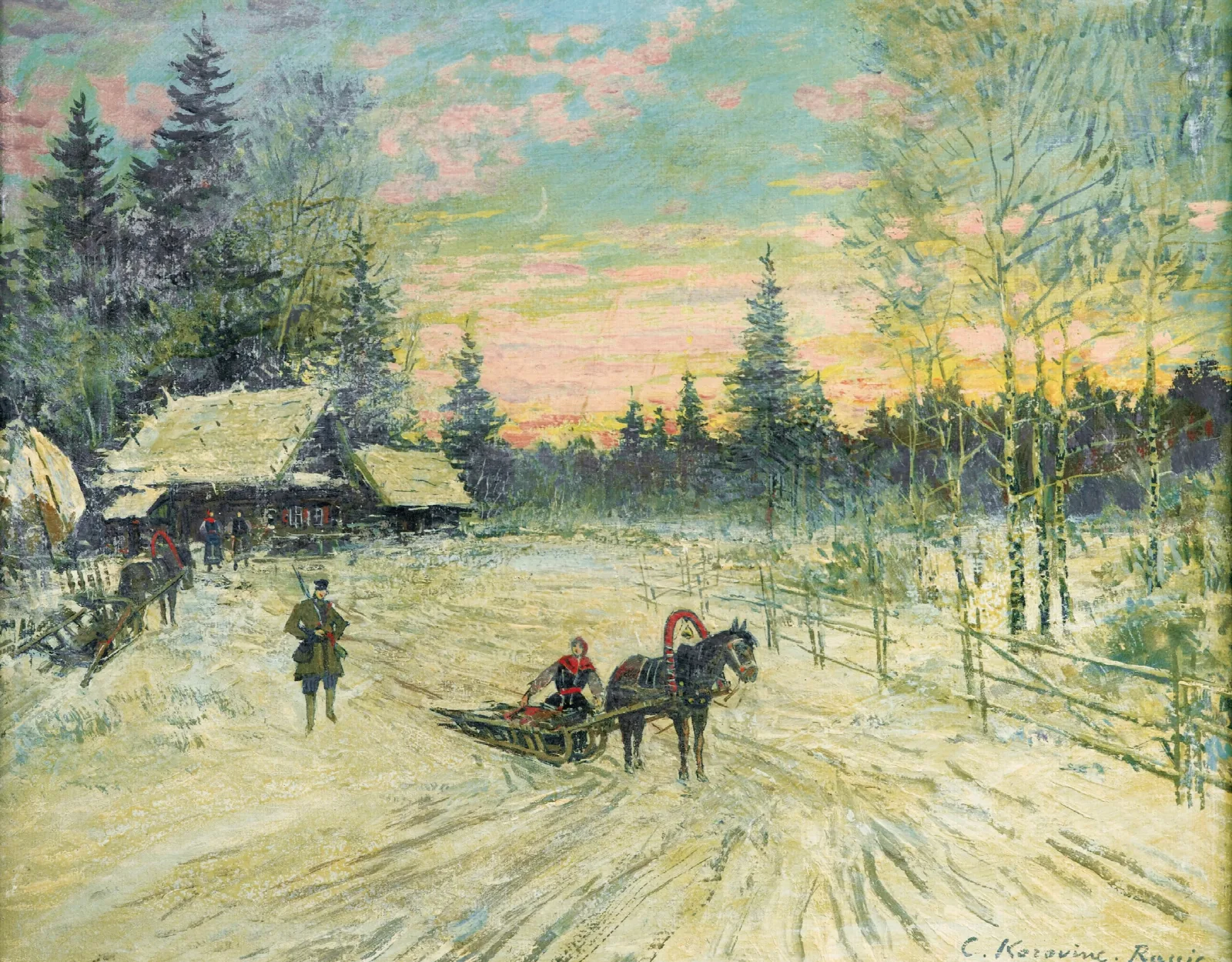 Jeune Femme Sur Un Traineau Seloignant Dun Chasseur Wall Art by Konstantin Alexeevich Korovin - Canvas Print
