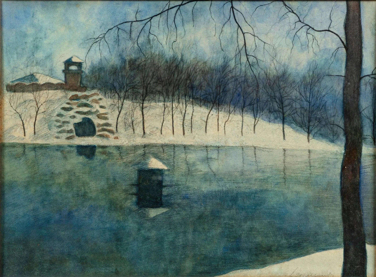 Le Parc Leopold Dostende Avec Letang Et Le Trinkhall Sous La Neige Wall Art by Léon Spilliaert - Canvas Print