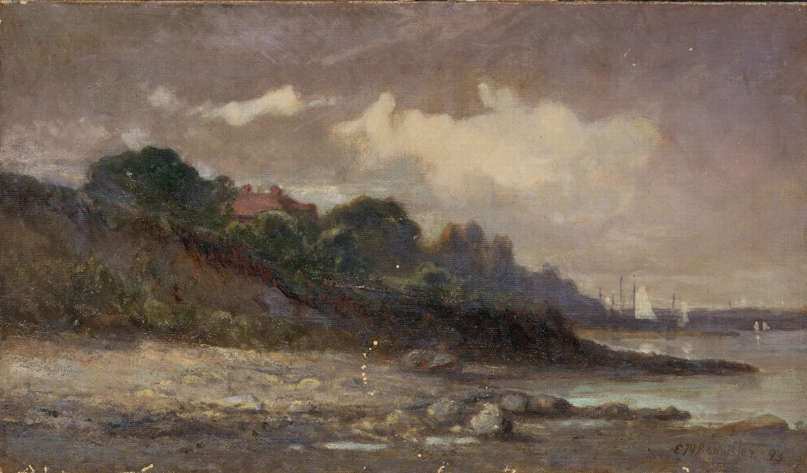 Landscape Shoreline With Sailboats And Roof by Edward Mitchell Bannister (1891) Wall Art by Edward Mitchell Bannister - Canvas Print