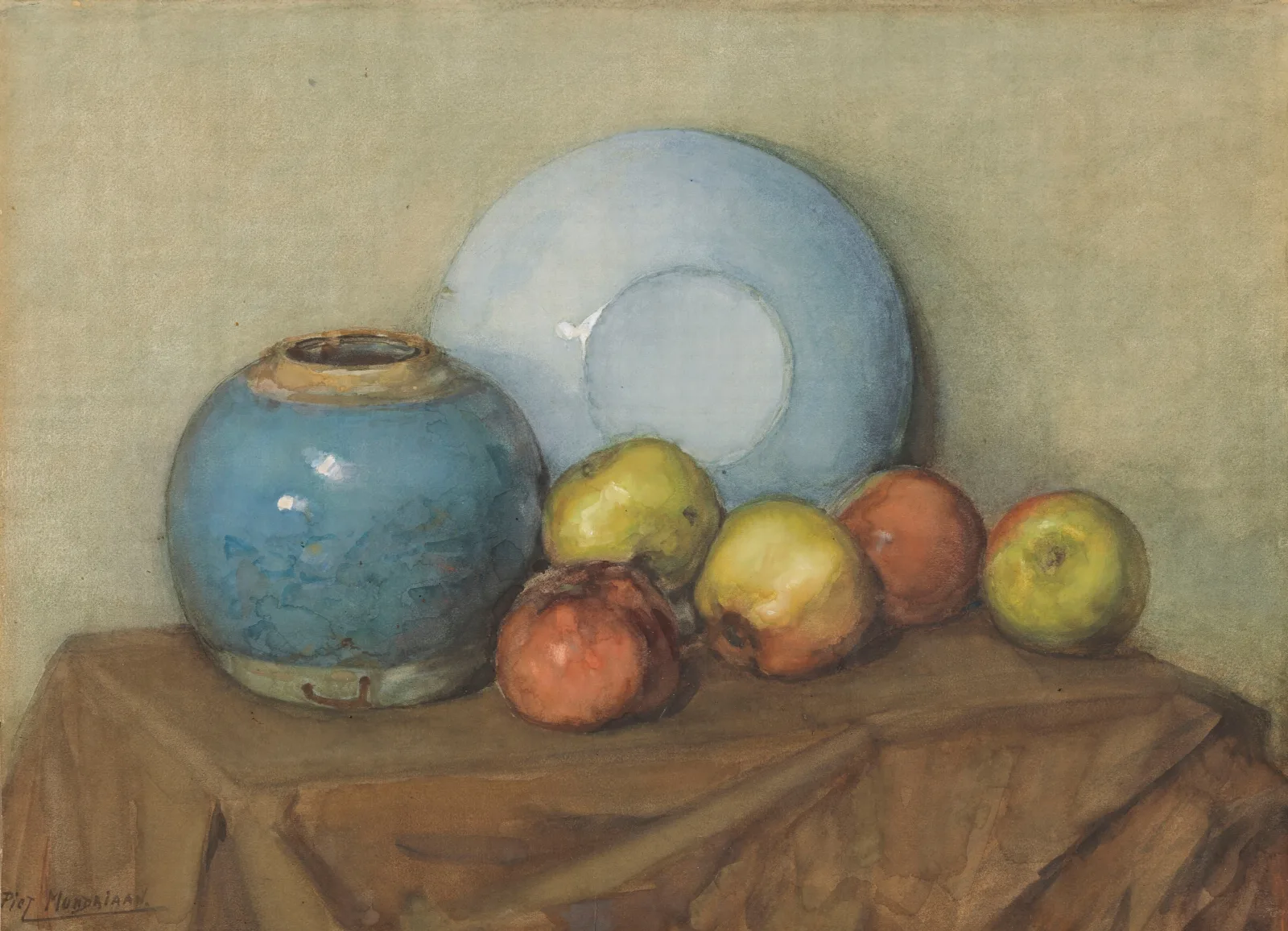 Appels Ronde Pot En Plaat Op Een Tafel Wall Art by Piet Mondrian - Canvas Print
