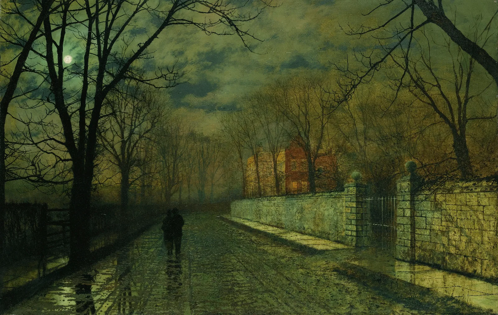 Figures In A Moonlit Lane After Rain Wall Art by John Atkinson Grimshaw - Canvas Print