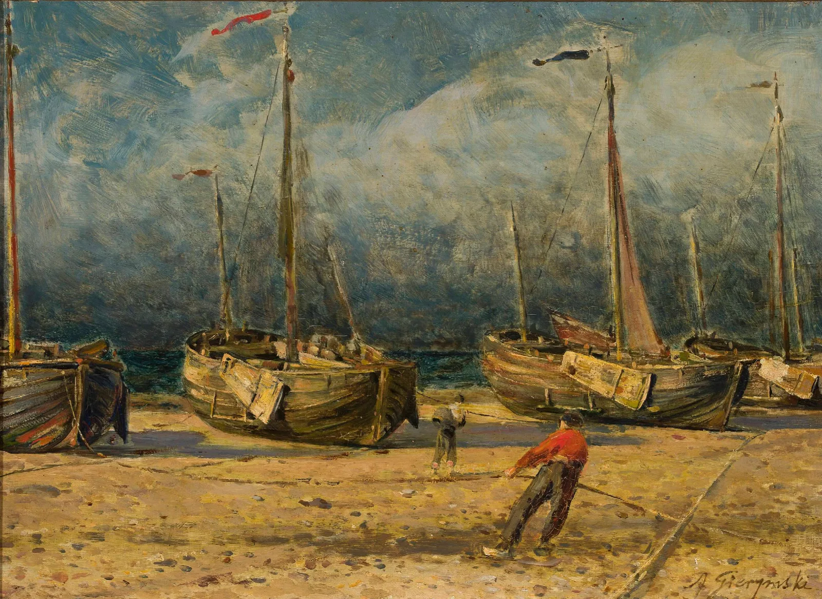 Fishing Boats At The Seaside Wall Art by Aleksander Gierymski - Canvas Print