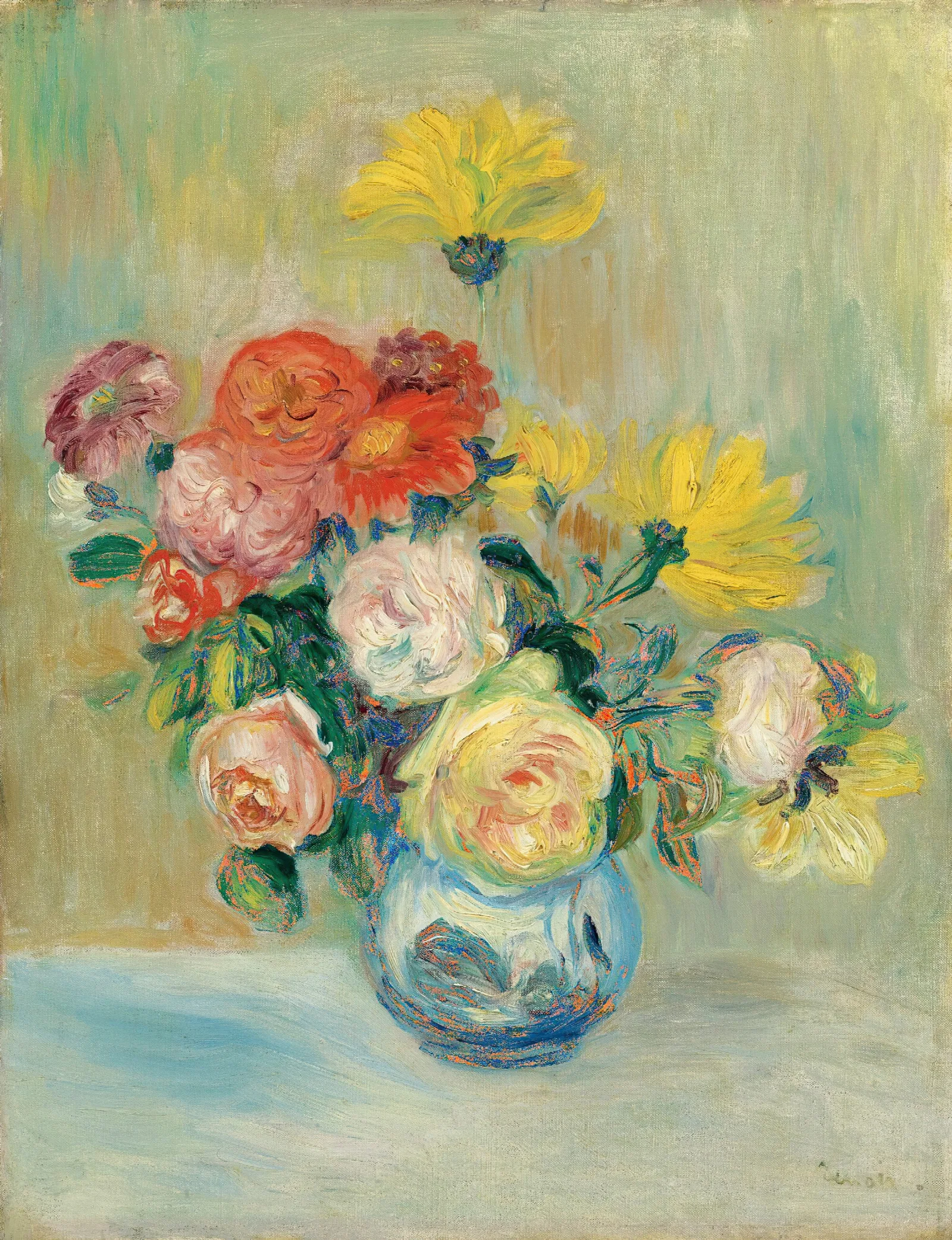 Vase De Roses Et Dahlias Wall Art by Pierre-Auguste Renoir - Canvas Print