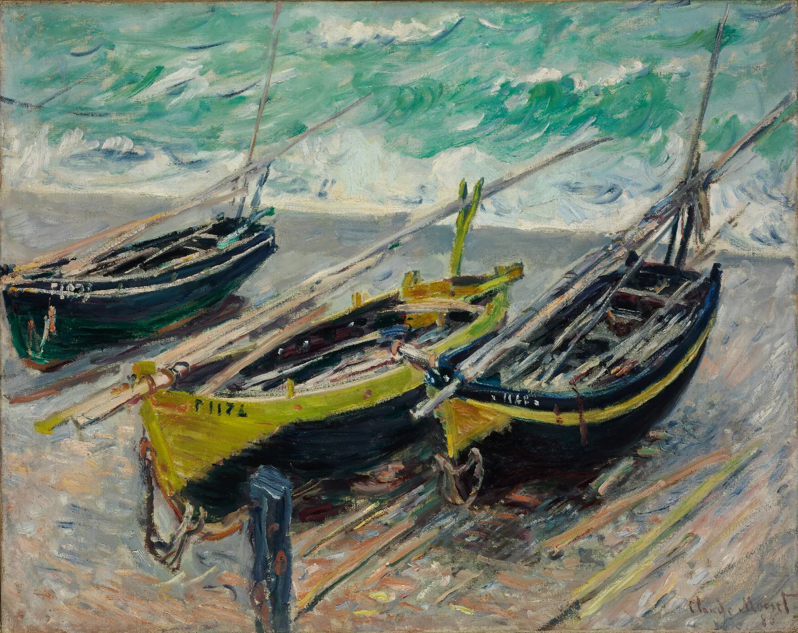 Three Fishing Boats Wall Art by Claude Monet - Canvas Print