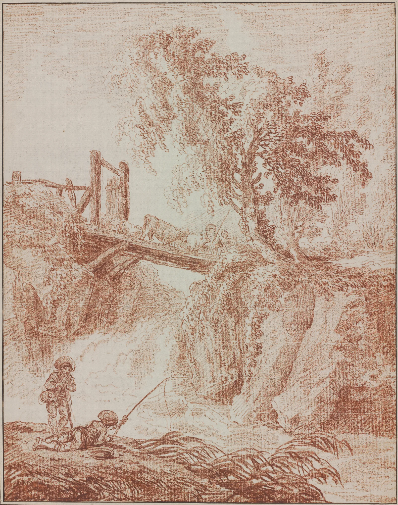Herdsmen Crossing A Waterfall Wall Art by Hubert Robert - Canvas Print
