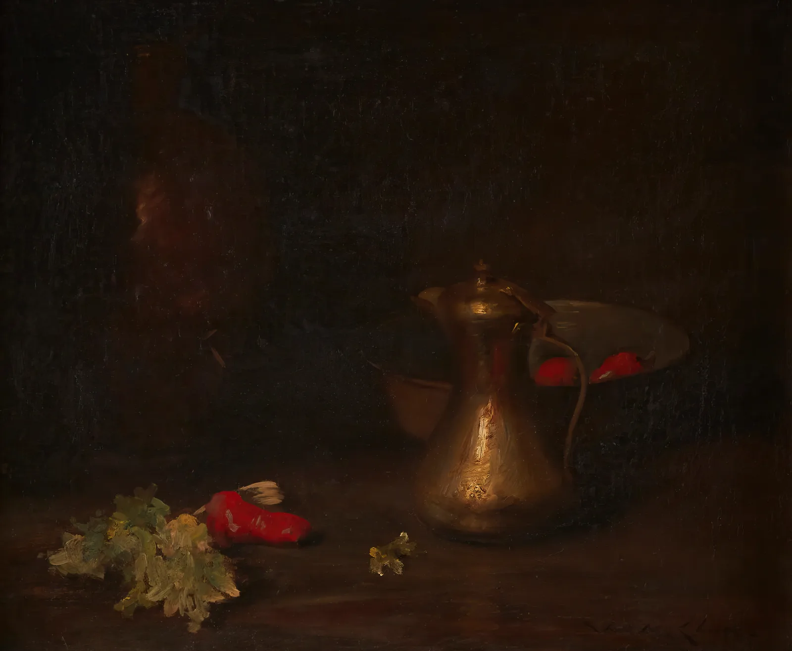 Still Life With Brass Jug Metal Bowl Lettuce And Red Peppers Wall Art by William Merritt Chase - Canvas Print
