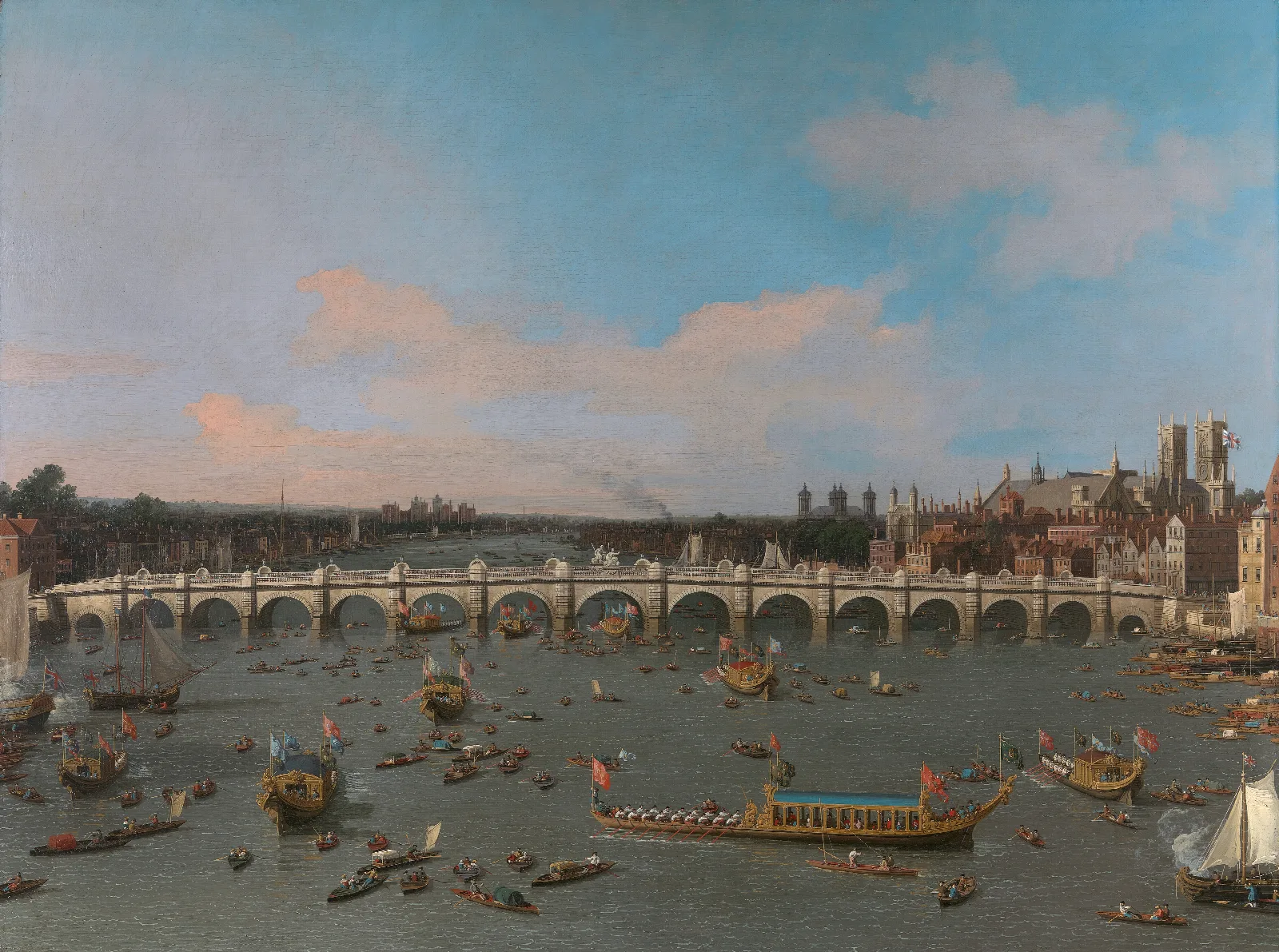 Westminster Bridge With The Lord Mayors Procession On The Thames Wall Art by Canaletto - Canvas Print