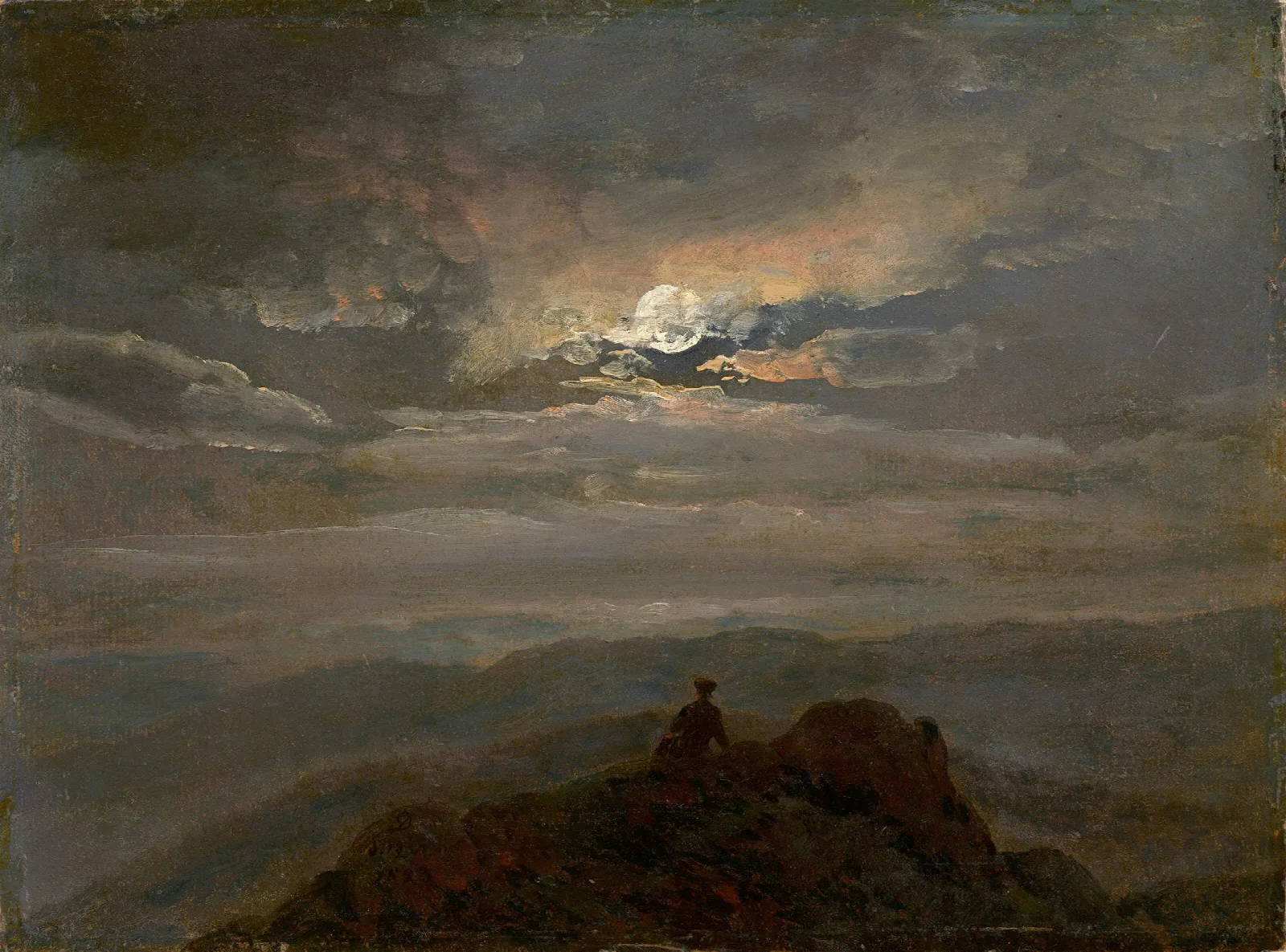 Moonlit Landscape Wanderer On A Mountain Top Wall Art by Johan Christian Dahl - Canvas Print