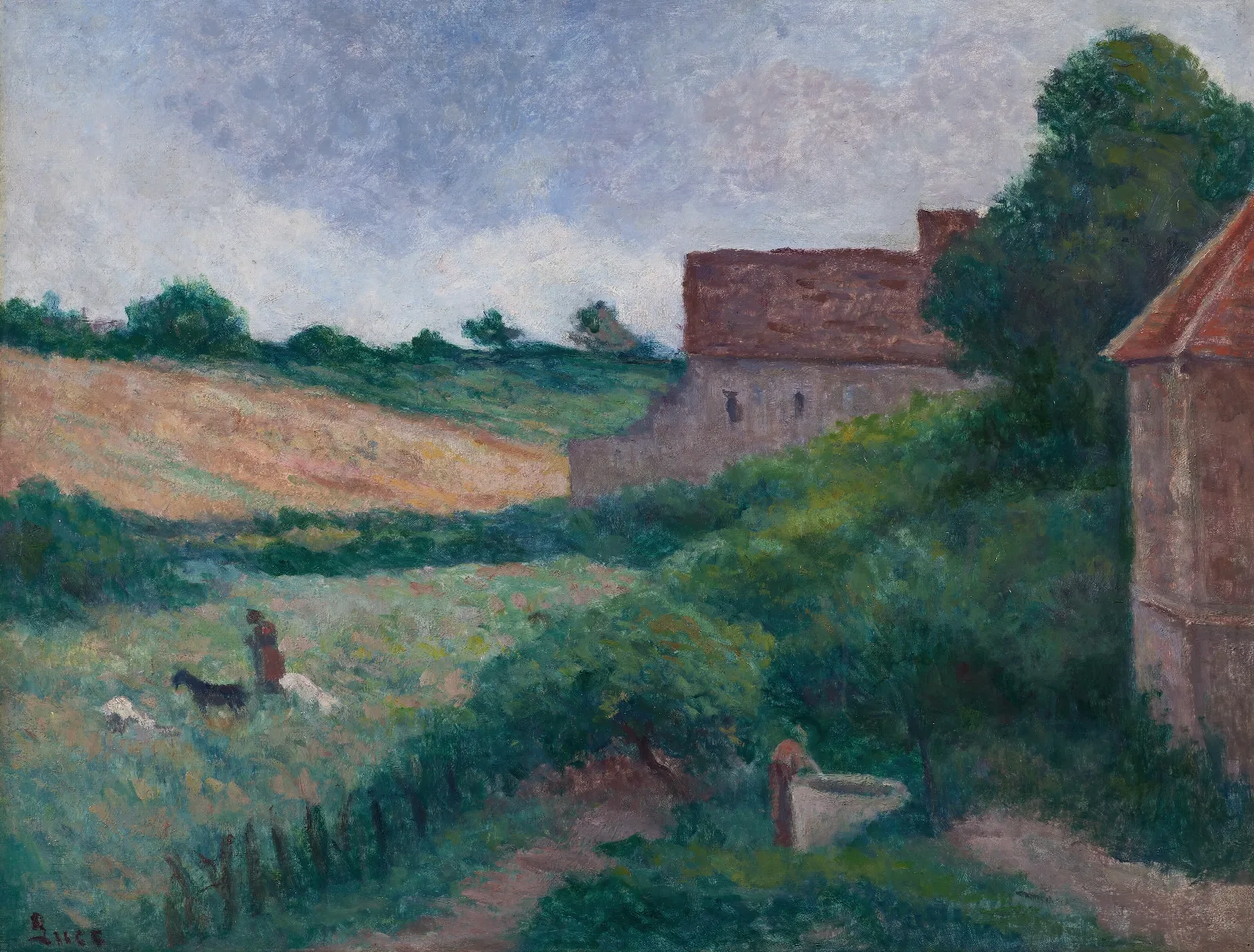 Rolleboise Les Fermes Ou La Chevriere Et La Fermiere Pres Du Puits Wall Art by Maximilien Luce - Canvas Print