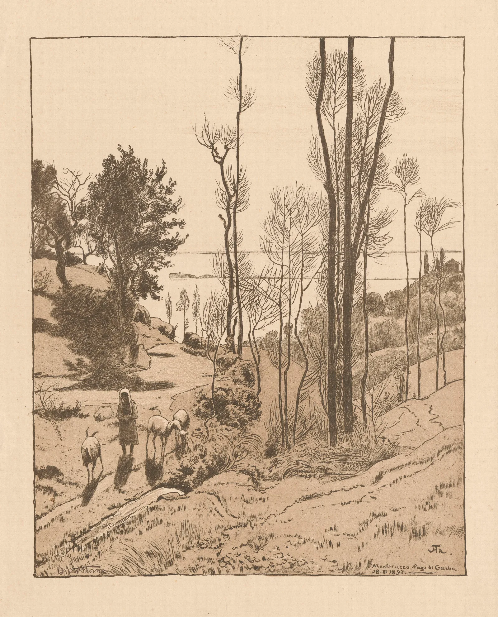 View Of Lake Garda With A Shepherdess Tending Goats And Sheep Wall Art by Hans Thoma - Canvas Print