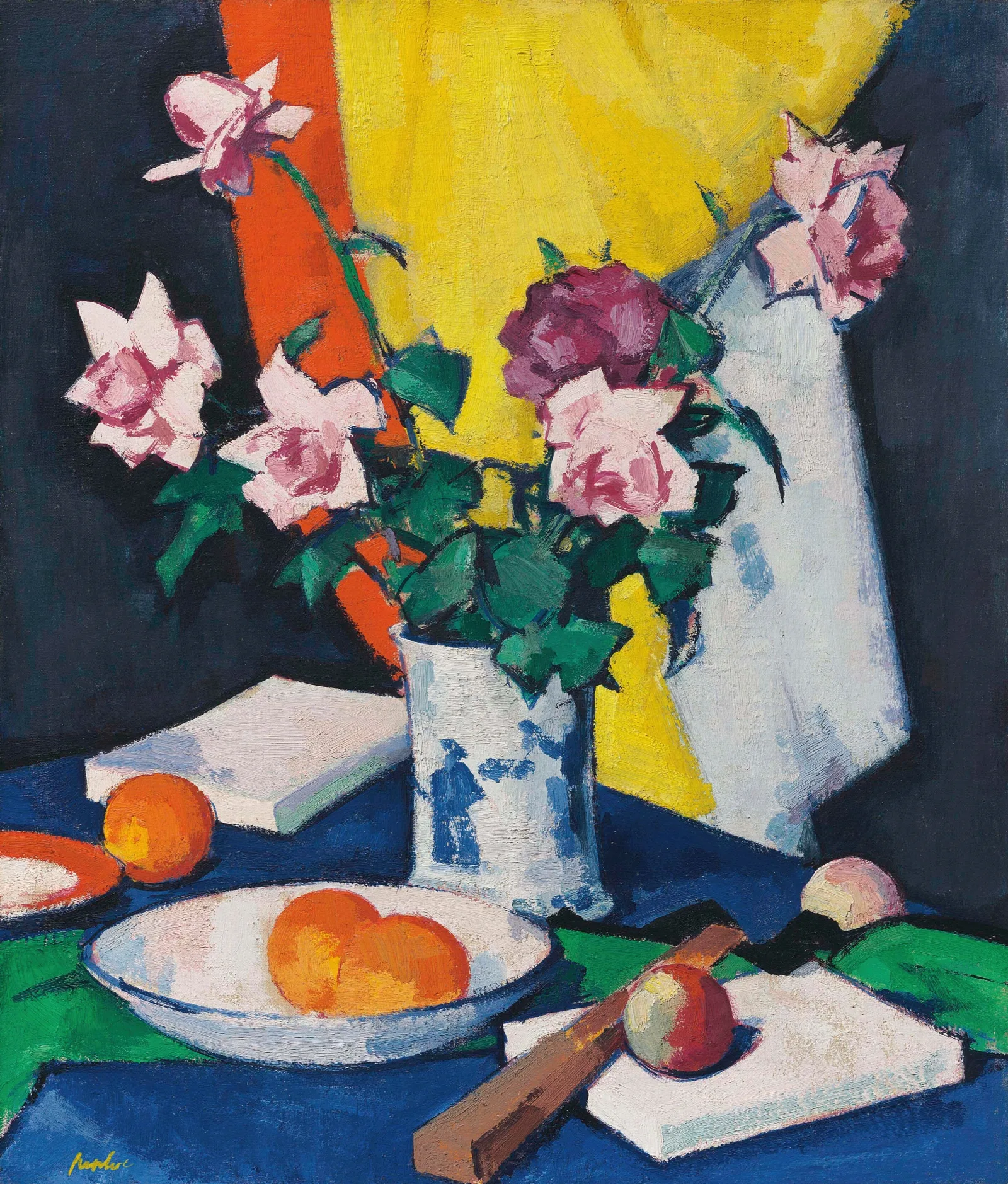 Red And Pink Roses Oranges And Fan Wall Art by Samuel John Peploe - Canvas Print