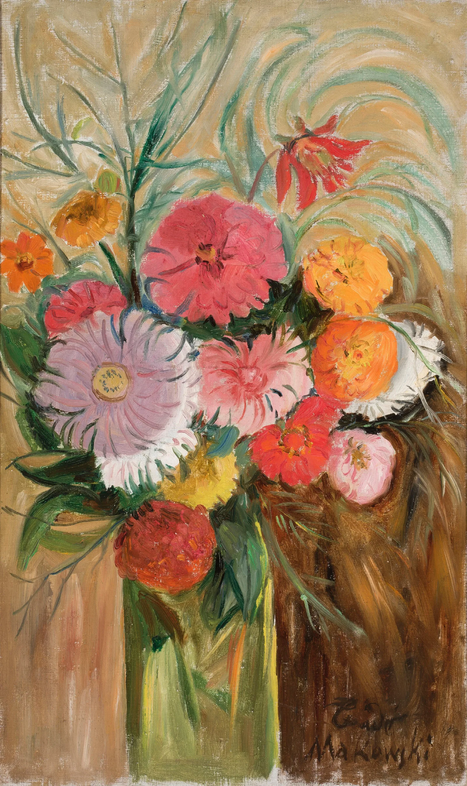 Zinnias And Asters In A Glass Jar Wall Art by Tadeusz Makowski - Canvas Print