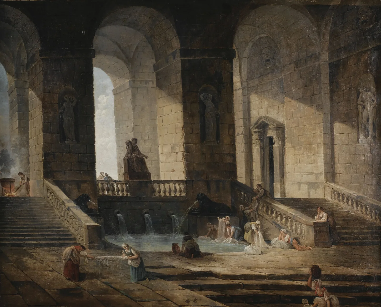 Lavandieres Dans Une Architecture Romaine Wall Art by Hubert Robert - Canvas Print