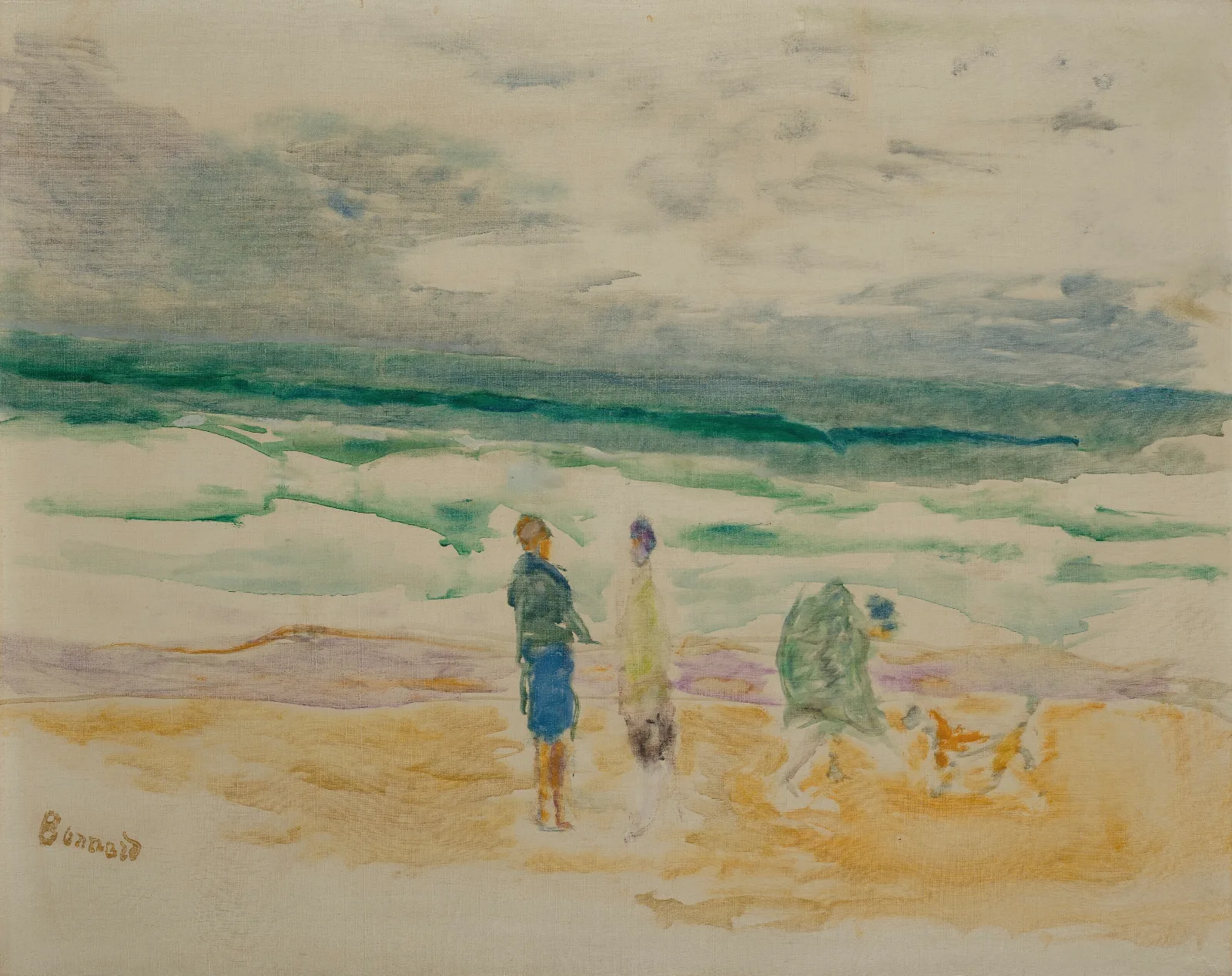 La Plage Trois Personnages Et Un Chien Wall Art by Pierre Bonnard - Canvas Print