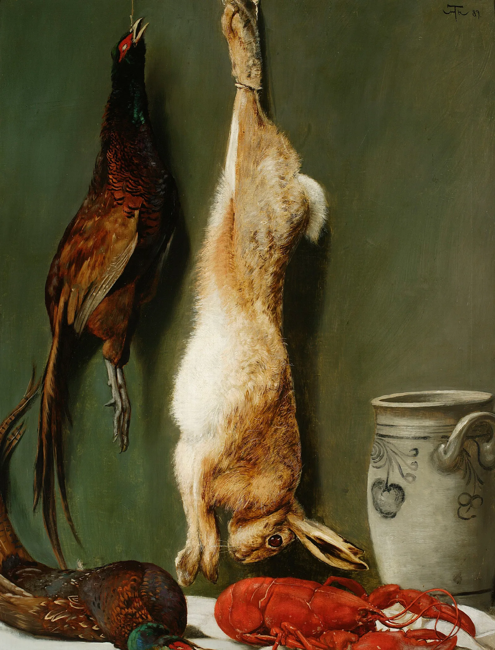 Still Life Hare Pheasant A Lobster And A Jug Wall Art by Hans Thoma - Canvas Print