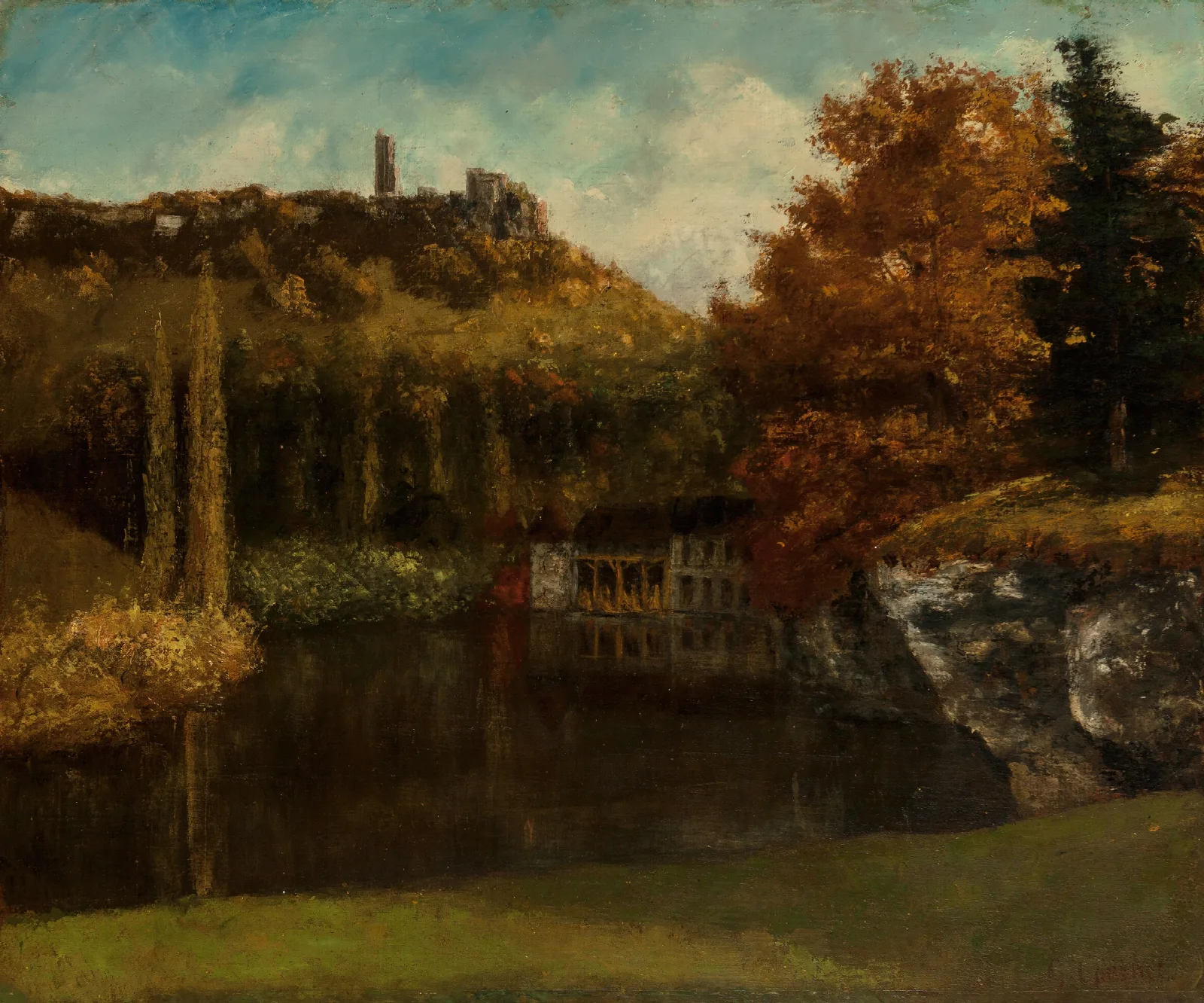 Le Lavoir Vue Et Ruines Du Chateau De Scey En Varais Wall Art by Gustave Courbet - Canvas Print