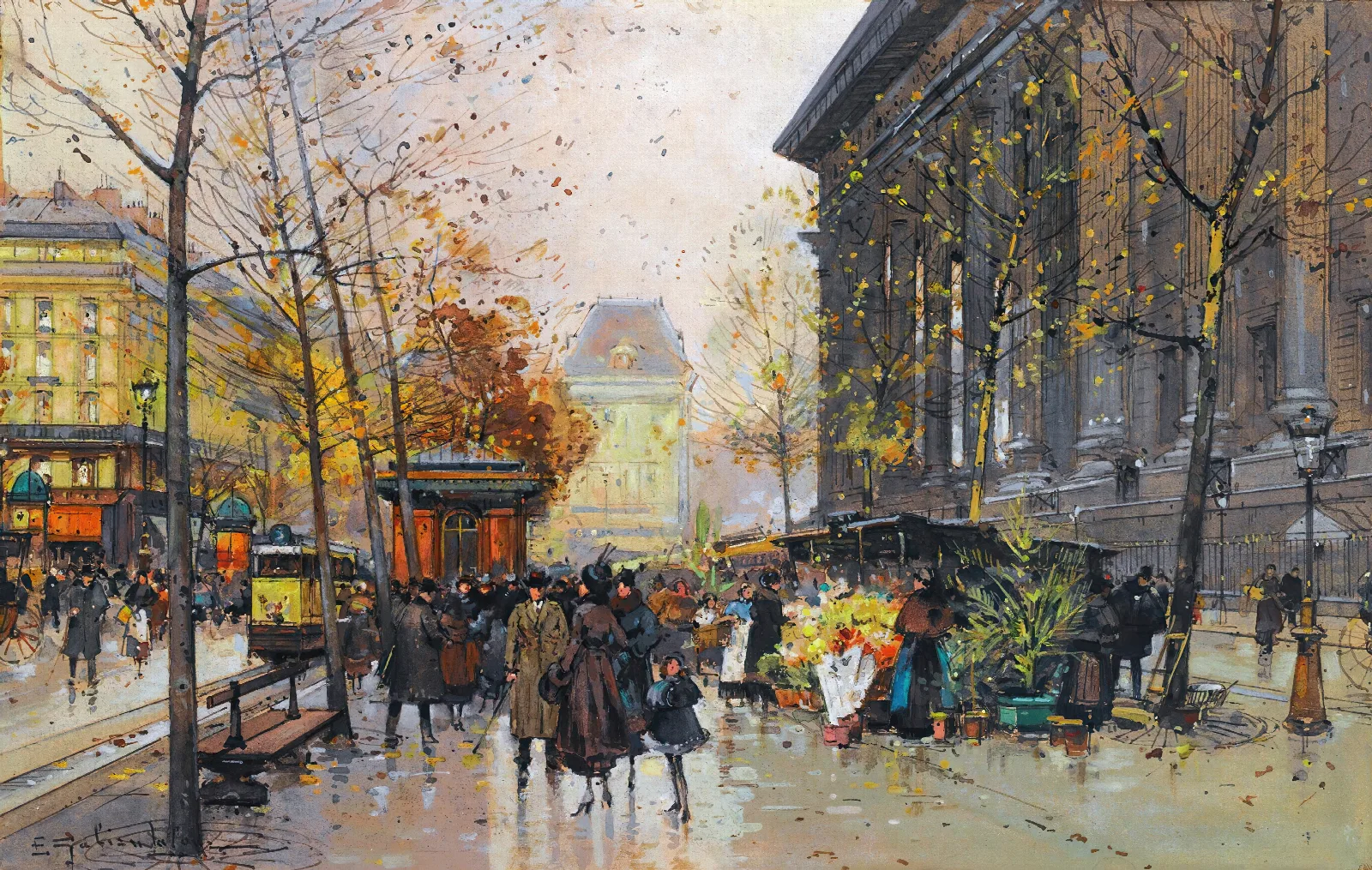Le Marche Aux Fleurs La Madeleine Wall Art by Eugène Galien-Laloue - Canvas Print