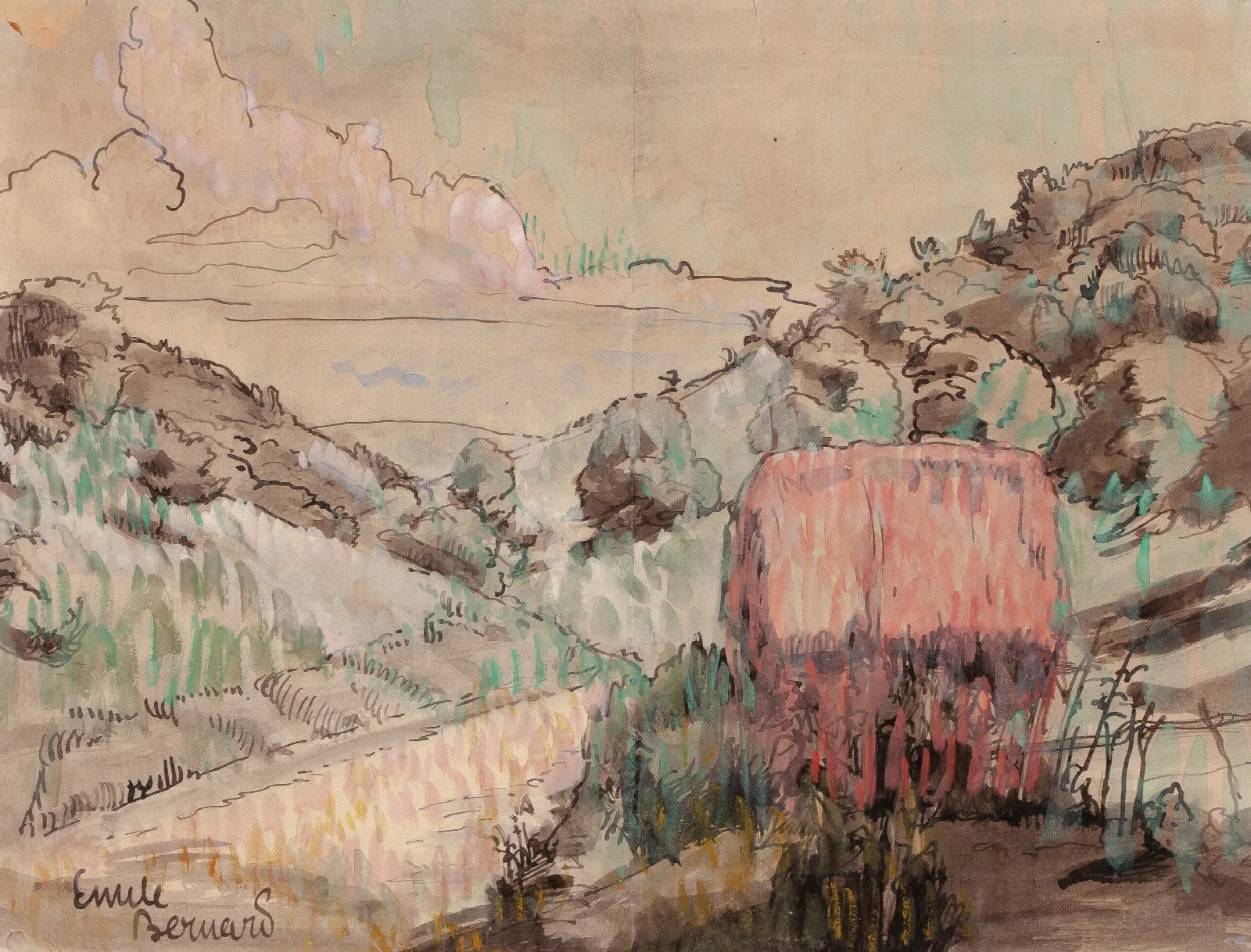 Red Cabin On A Hillside Wall Art by Emile Bernard - Canvas Print
