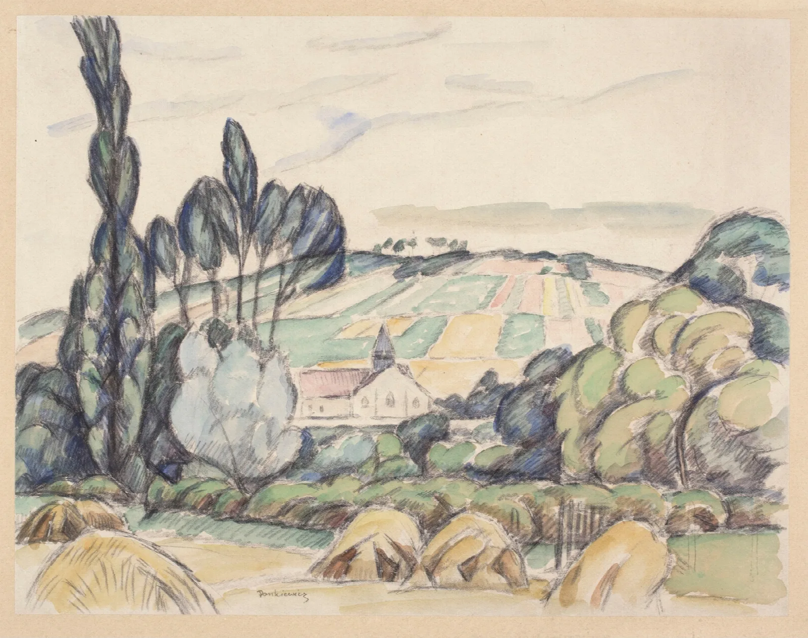 Landscape In Giverny With The Church Of St Radegonde In The Distance Wall Art by Józef Pankiewicz - Canvas Print